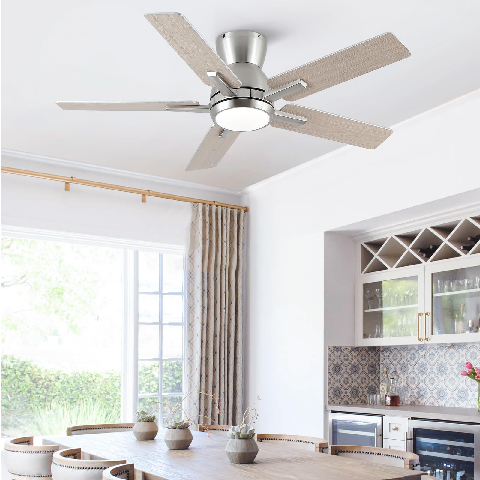 42 Inch Ceiling Fans With Lights,Brushed Nickel Low Profile Ceiling Fan With Light And Remote Control,Flush Mount,6 Speed Revers