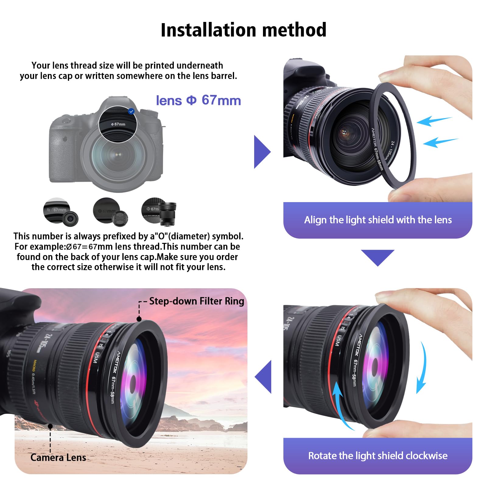 67Mm Lens To 58Mm Camera Lens Adapter,67Mm 58Mm Filter Step Down Ring,Compatible All 58Mm Filter Accessory.Made From Cnc Machine