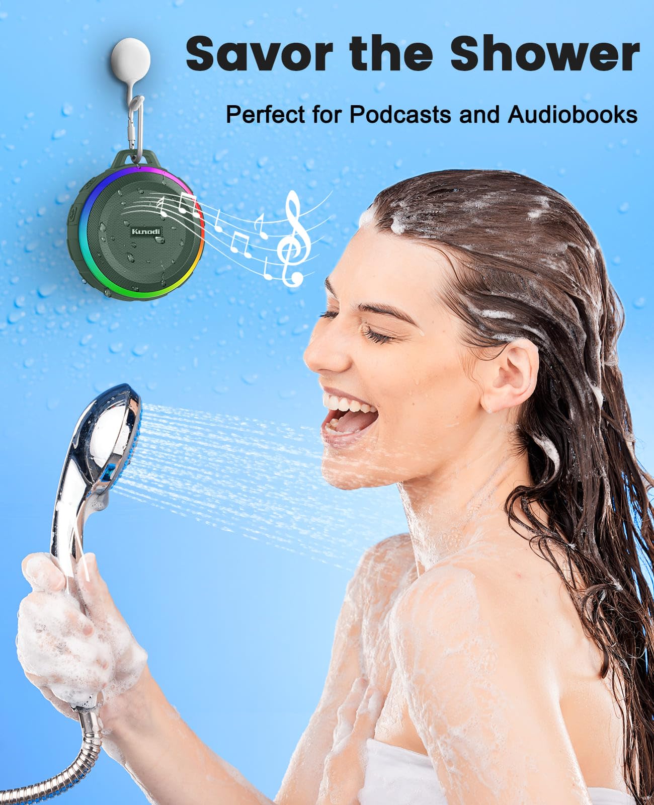 Kunodi Bluetooth Shower Speaker With Ipx7 Waterproof, Crisp Clear Sound, True Wireless Stereo, Clip Portable For Pool Beach Boat