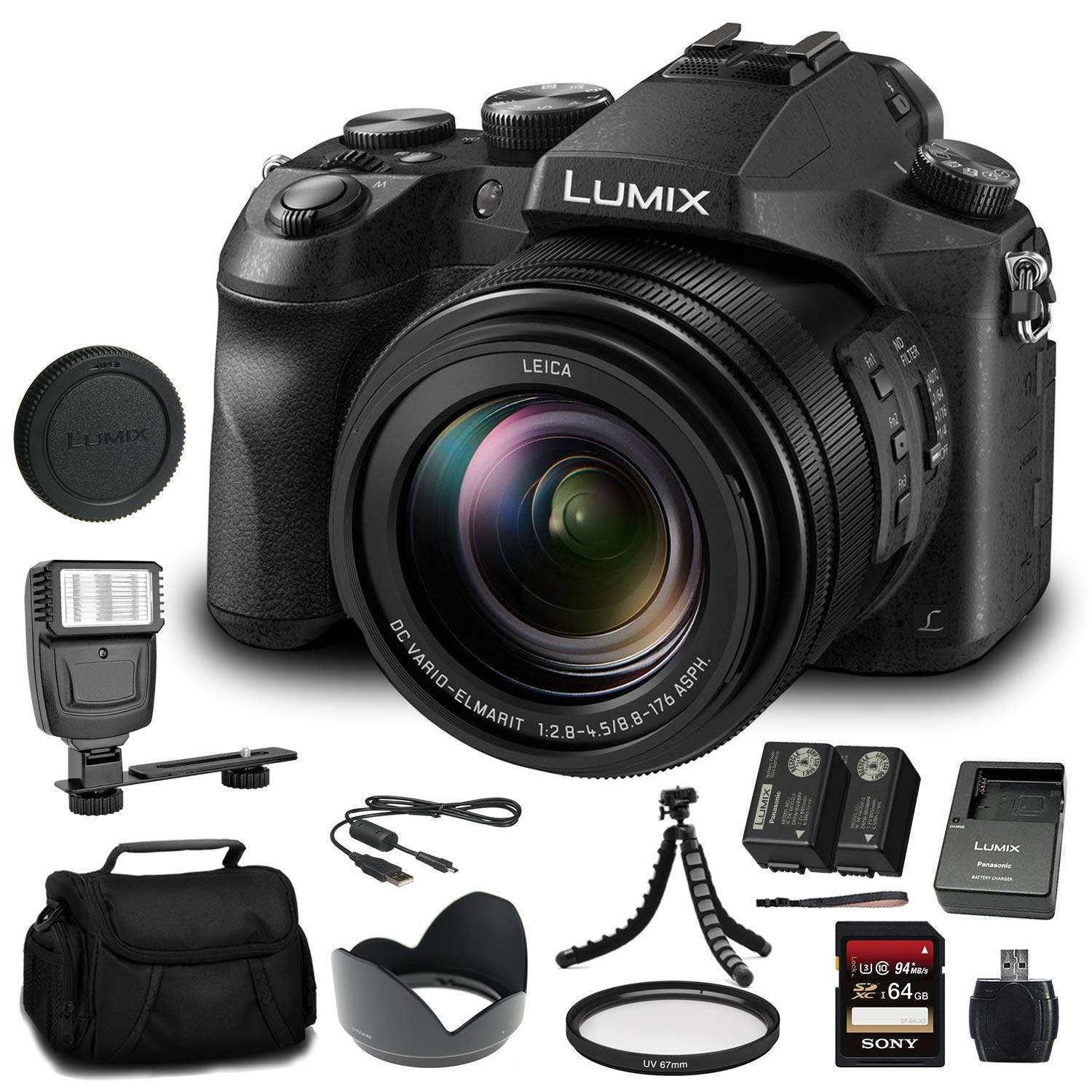 Panasonic Lumix DMC-FZ2500 Digital Camera (DMC-FZ2500) - Bundle - with 64GB Memory Card + DMW-BLC12 Battery + Digital Flash + So