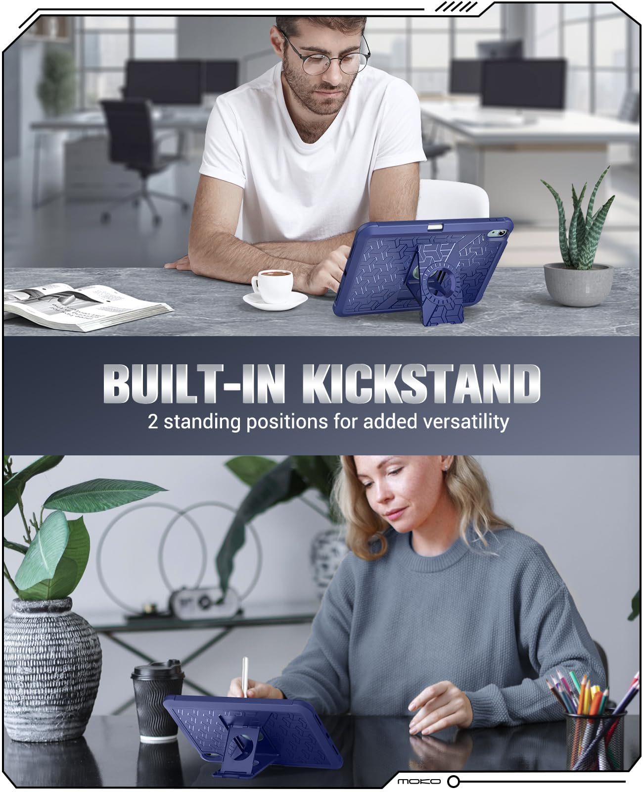 MoKo For iPad Air 6th Generation 11 Inch Case M2 2024, iPad Air 5th/4th Gen 2022/2020, Heavy Duty Shockproof Full Body Cover with Built in Screen Protector & Pencil Holder for iPad Air 6/5/4,Navy Blue