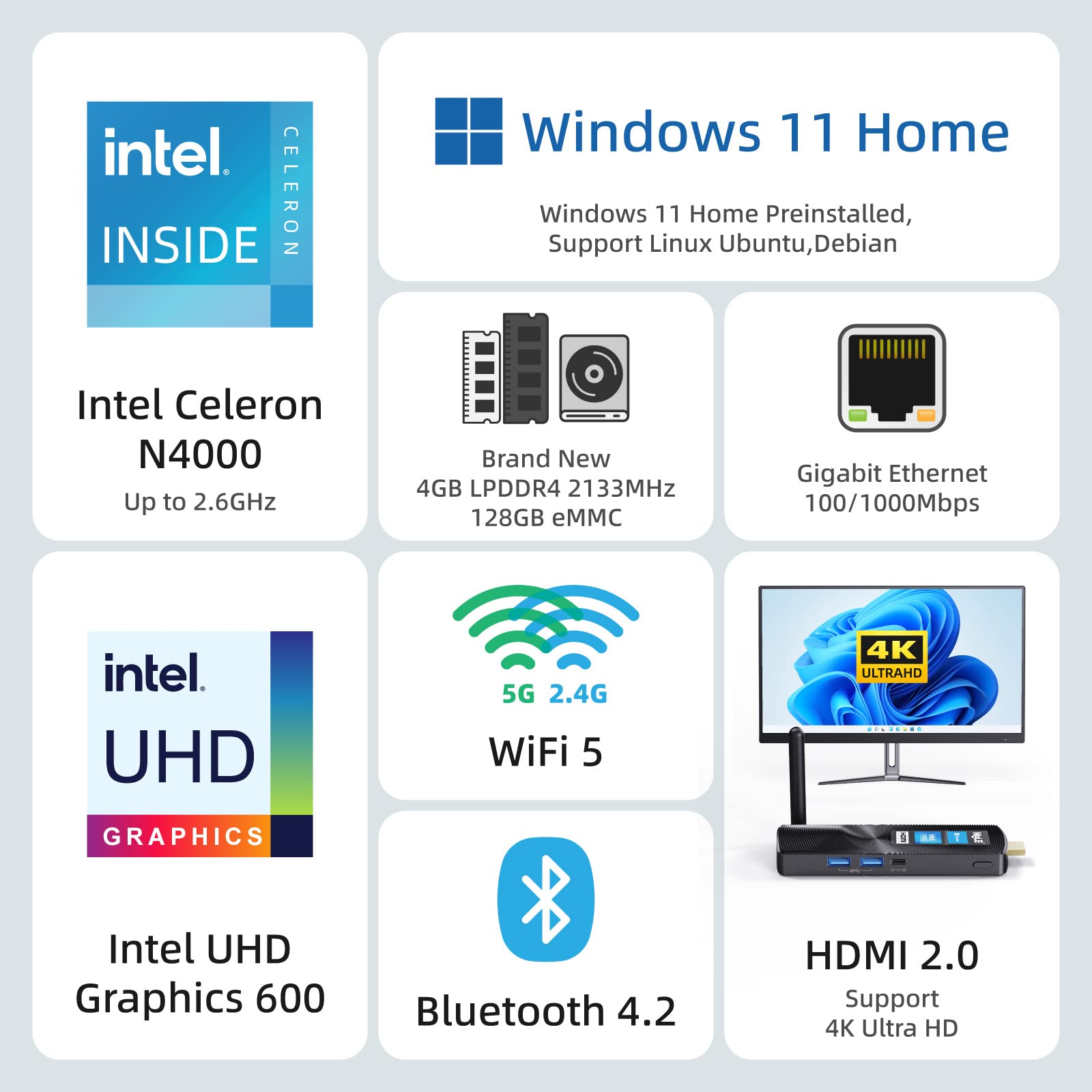 Mele Pcg02 Mini Pc Stick Fanless Windows 11 Home N4000 4Gb 128Gb, Mini Computer Stick Hdmi 4K 2.4G/5G Wi Fi 5 Bt4.2 Gigabit Ethe