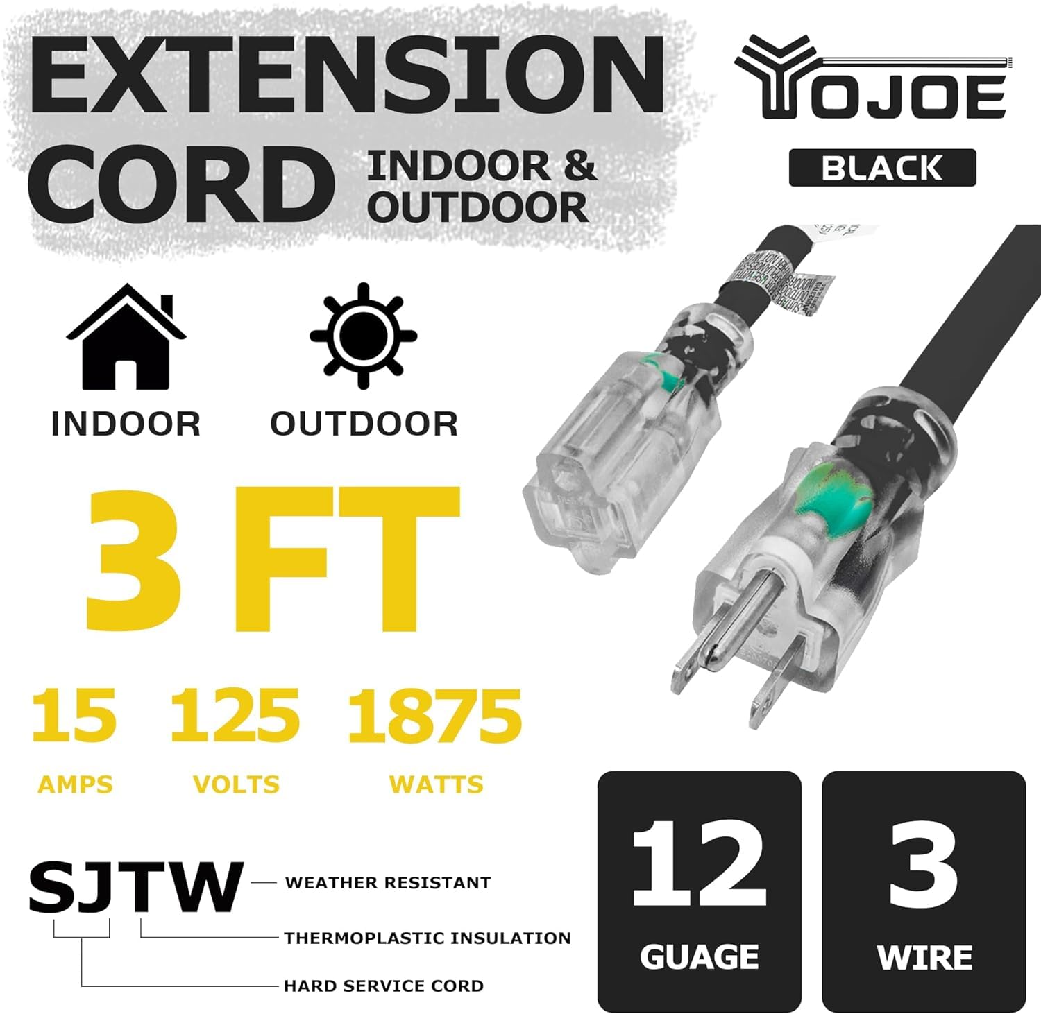 Yojoe Indoor Outdoor Extension Cord With Lighted End, 3 Prong 15A Weatherproof Power Extension Cord, 12 Gauge Heavy Duty 3 Ft Bl