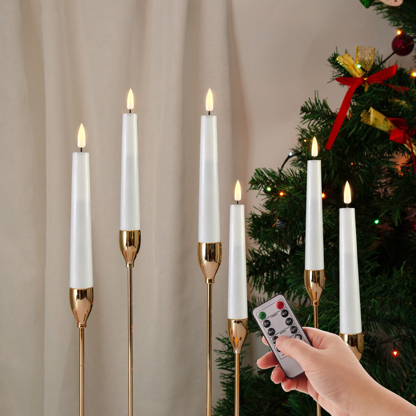 Eywamage Short White Flameless Taper Candles With Remote, Flickering Battery Led Wax Candlesticks Set Of 6