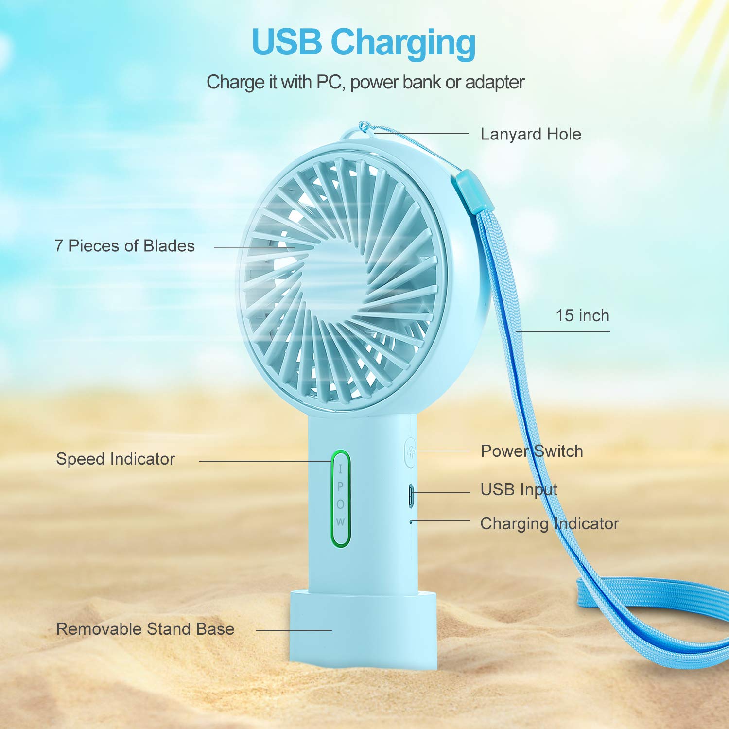Ipow Mini Handheld Fan Personal Portable Fan 3 Speed Adjustable Angle Removable Base Lanyard Usb Recharging Battery Operated Sma