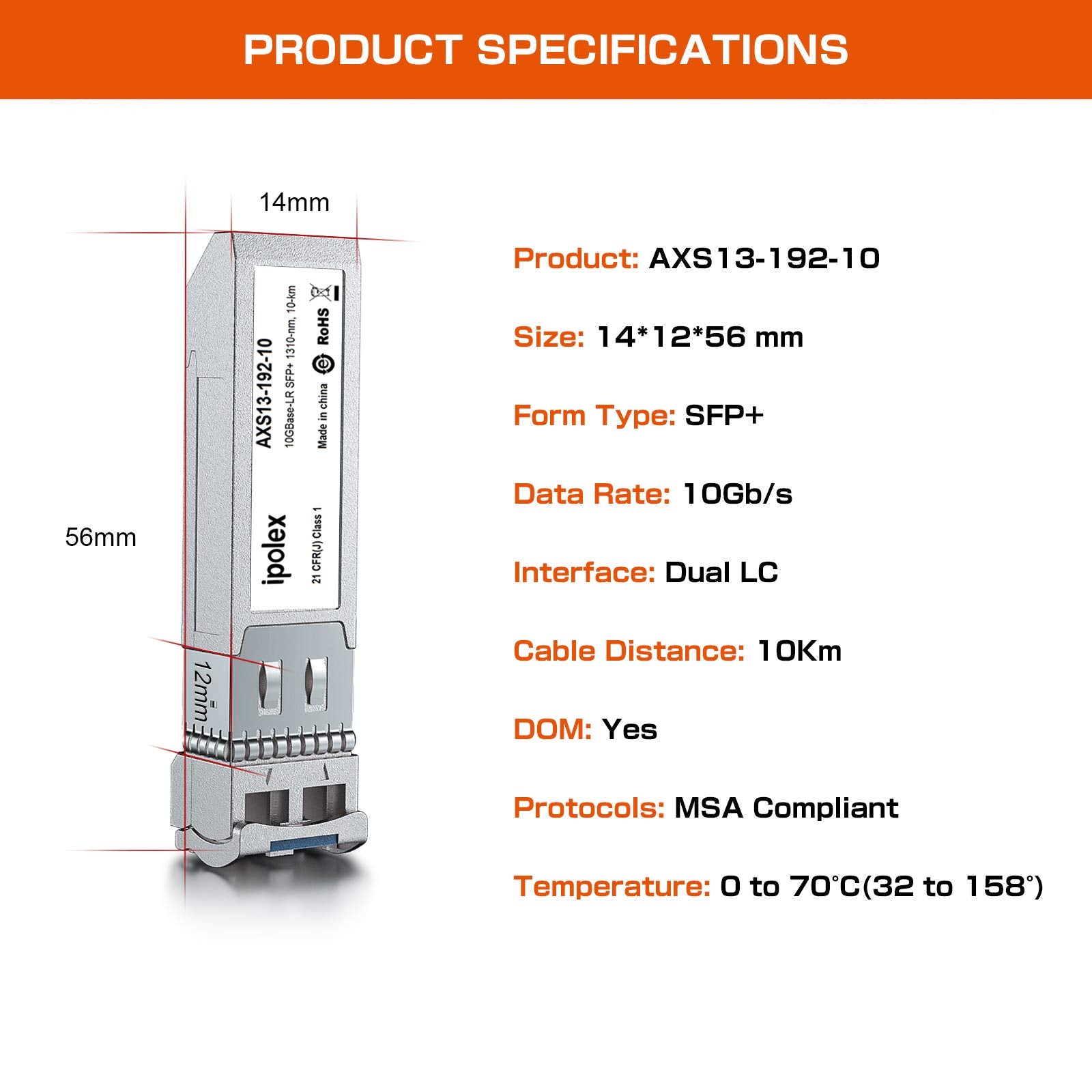 Ipolex 10G Lr Sfp+ To Lc Singlemode Transceiver, 10Gbase Lr Sfp+ Fiber Module, For Hp J9151A (Smf, 1310Nm, 10Km)