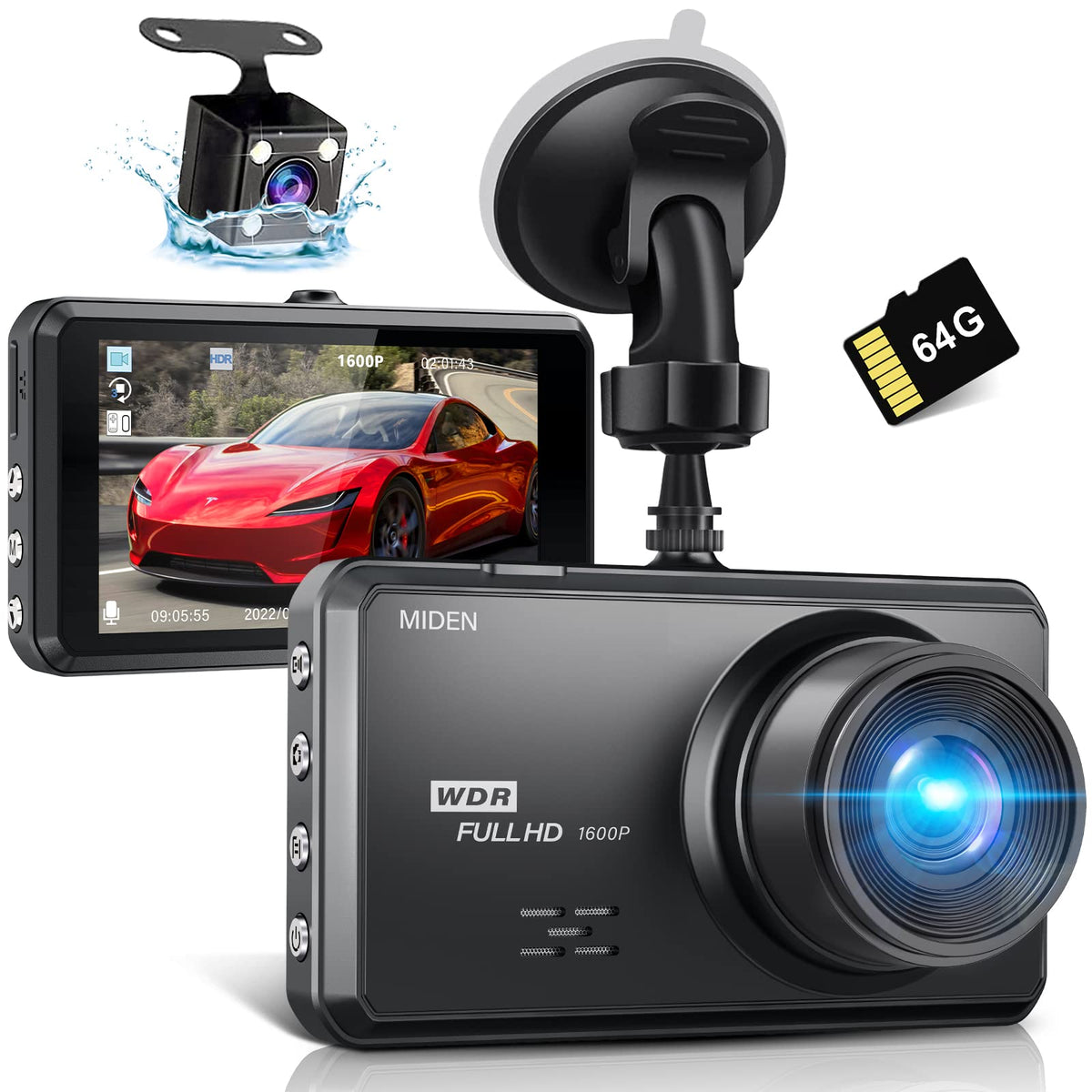 Miden 2.5K Dash Cam Front And Rear
