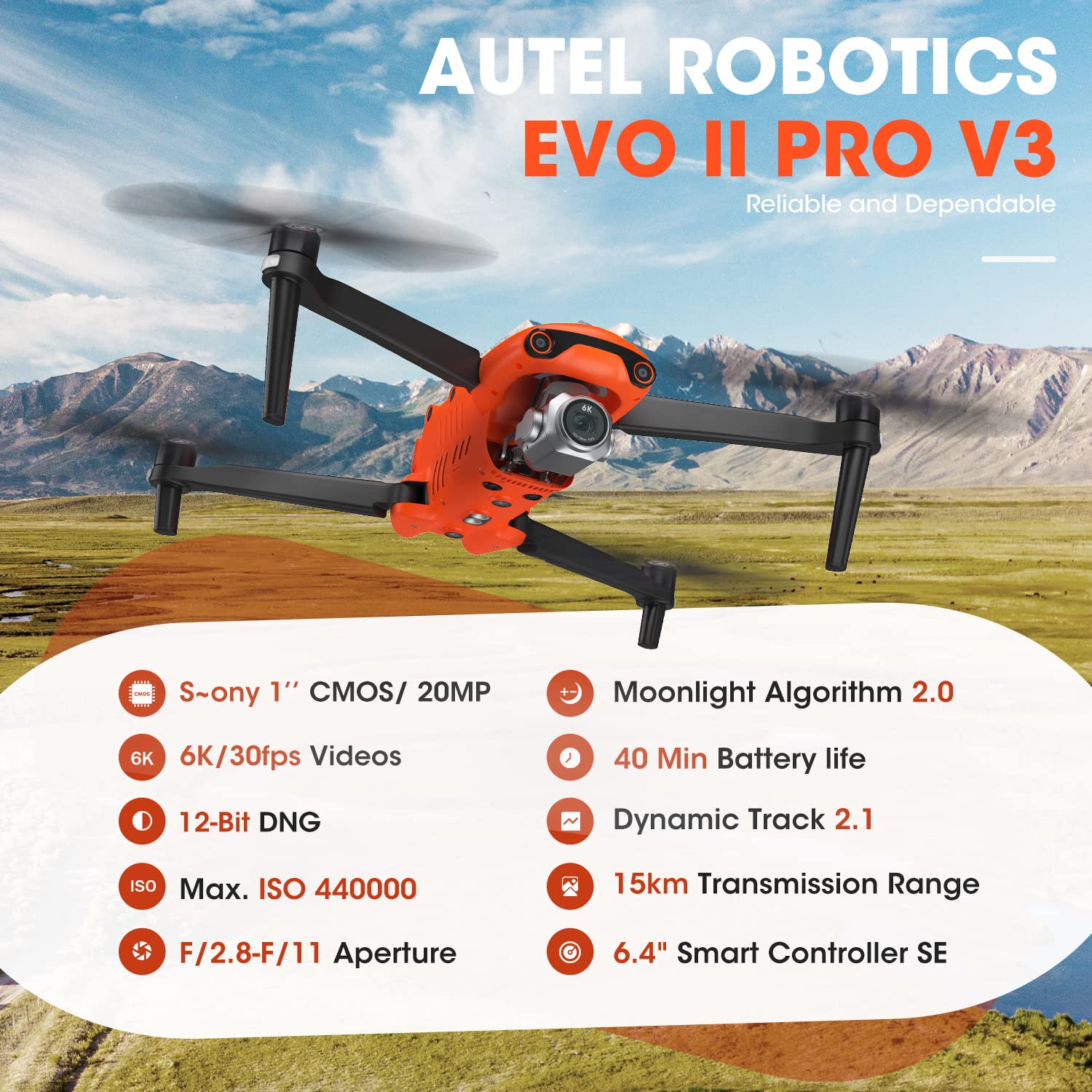 Autel Robotics Evo 2 Pro V3: Son Y 1'' Cmos Sensor & 6K Hdr Video, Moonlight Algorithm 2.0, Max Iso 44000,12 Bit Dng, 6.4'' Smar