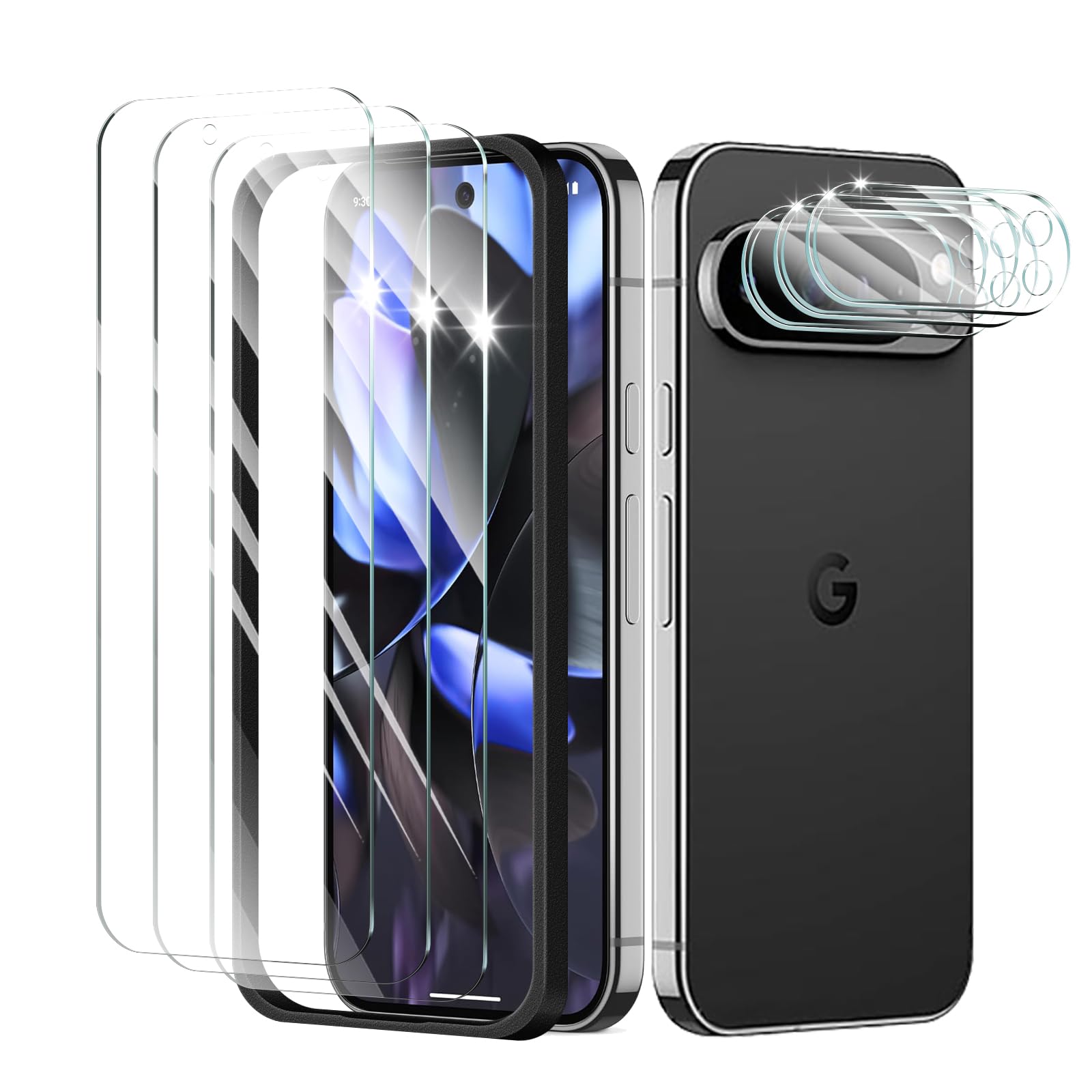 3+3+1-Pack, Screen Protector and Camera Lens Protector for Google Pixel 9 Pro with Installation Alignment Aid, Tempered Glass Fi