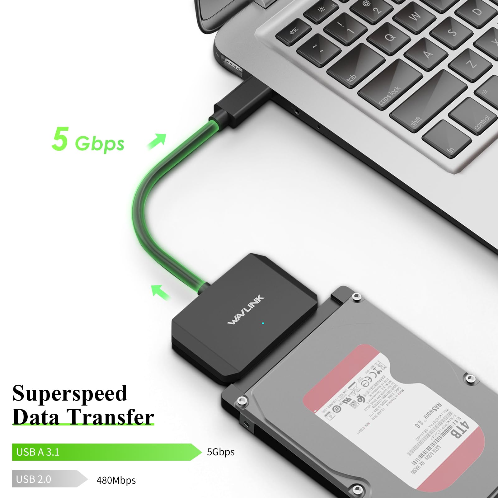 WAVLINK USB 3.0 to SATA Hard Drive Adapter Cable 5Gbps UASP WL-U35SATA PVC Black for 2.5" SSD 3.5" HDD