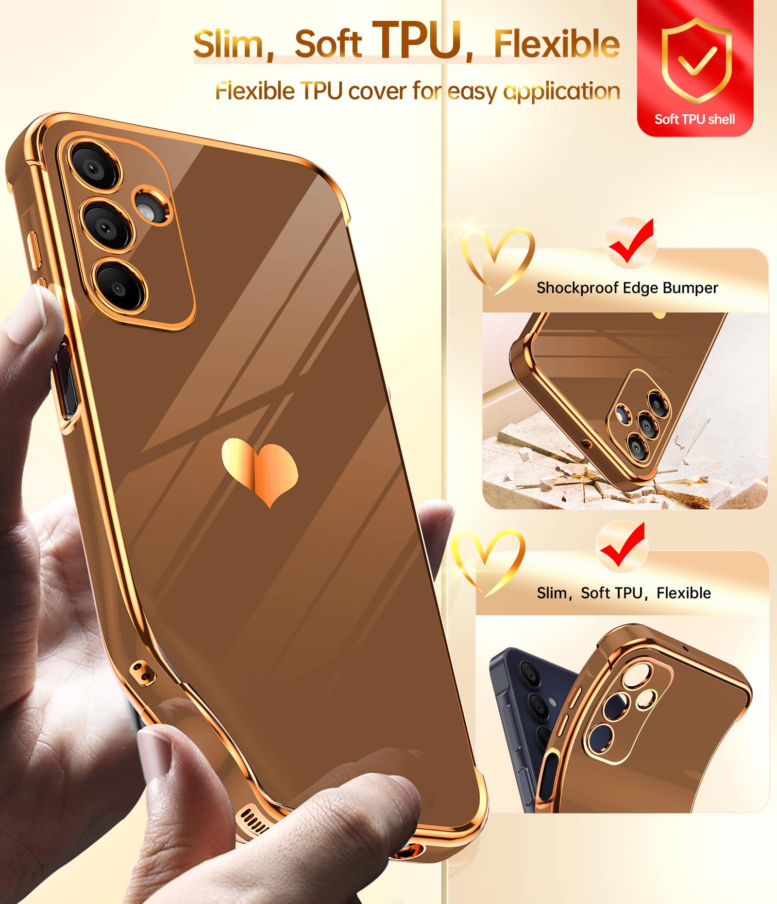 Leyi For Samsung A15 5G Case: With Tempered Glass Screen Protector [2 Pcs]+ Full Camera Lens Protection, Love Heart Plating Luxu