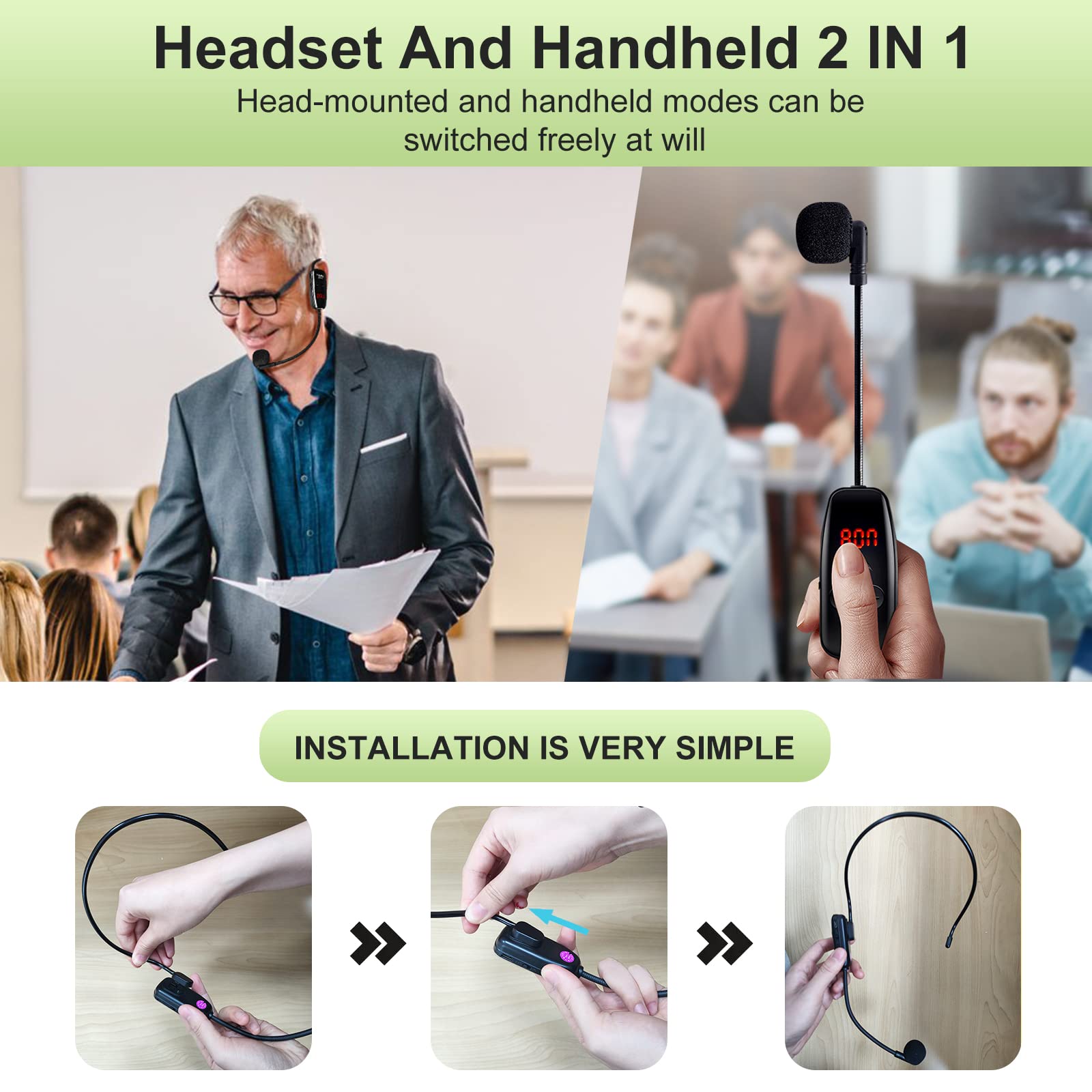 Xiaokoa Head Microphone,Wireless Microphone Headset,Led Digital Display Wireless Mic For Fitness,165Ft Range,For Amplifier,Mic S