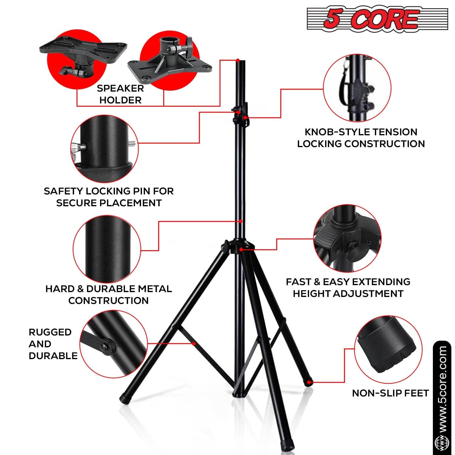 5 Core Adjustable Speaker Stand Tripod - Height 40 To 72 Inches, Max Load 100 Lbs Heavy Duty Portable Pa Dj Studio Monitor Mount