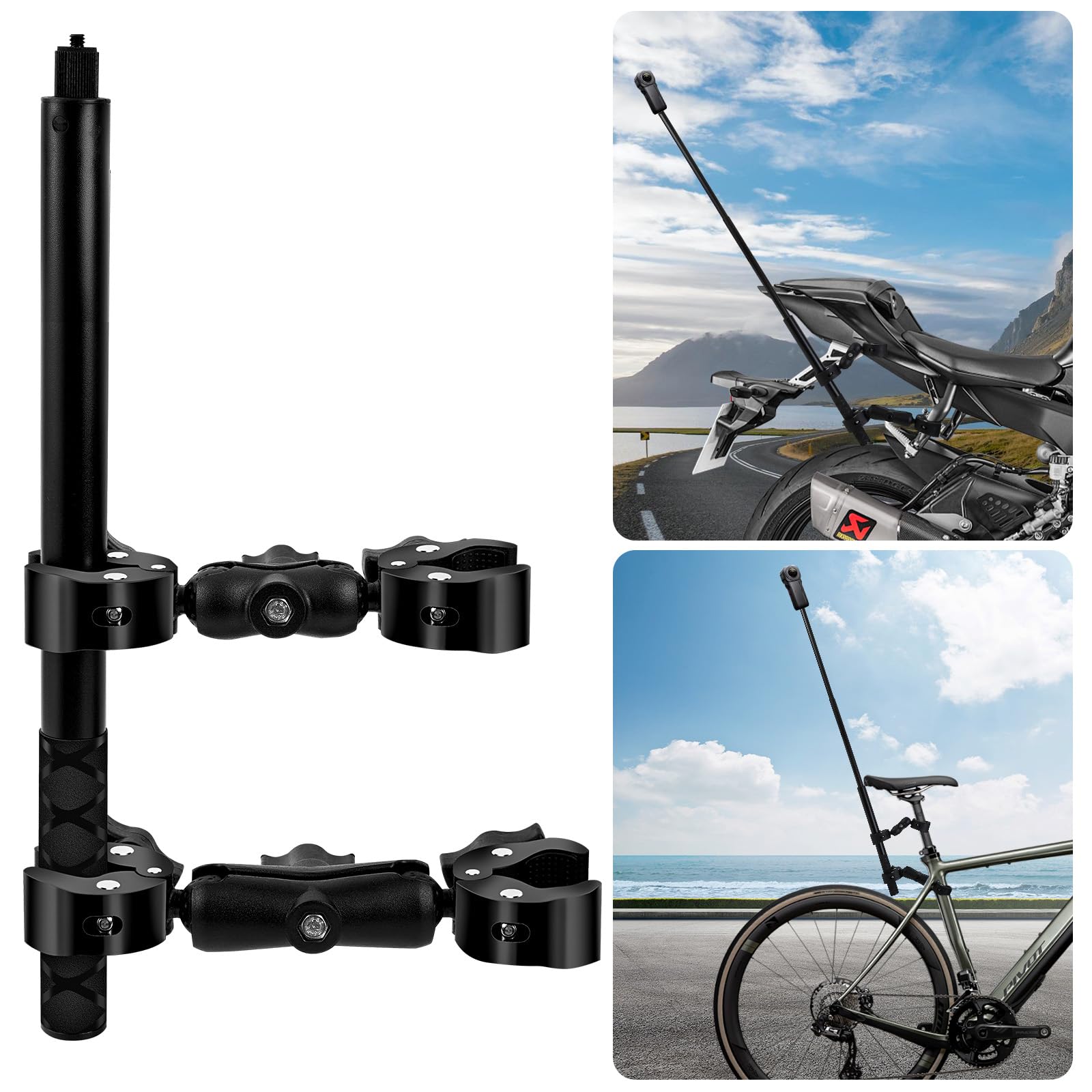 Kalofaye Motorcycle Bike Handlebar Double Clamp Mount With Invisible Selfie Stick For Riding Tracking Shooting, Suitable For Gop