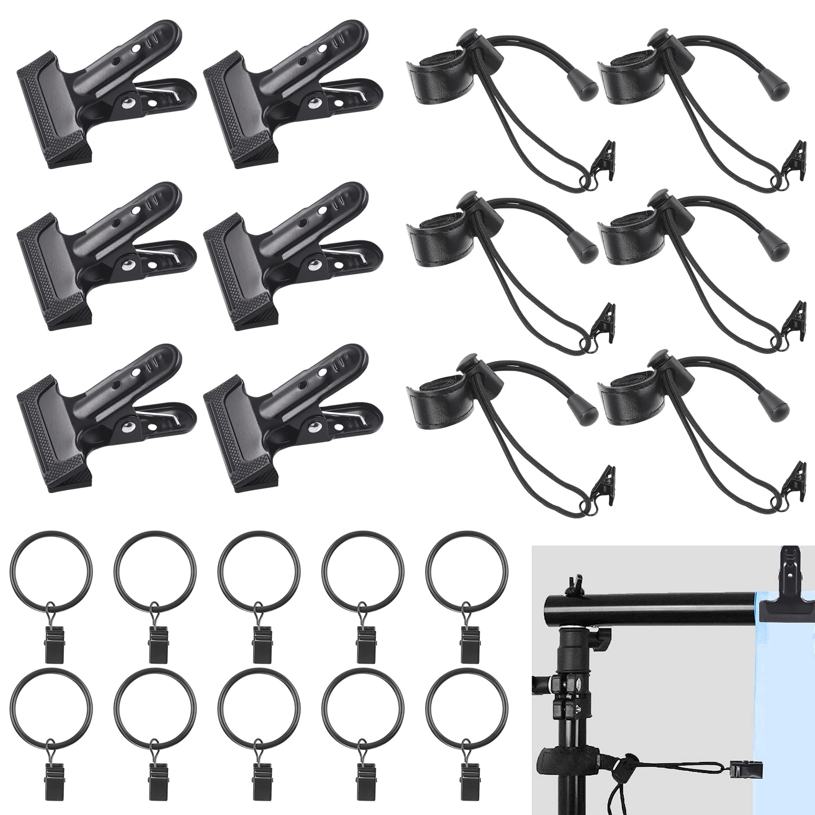 Rustark 22Pcs Backdrop Heavy Duty Spring Clamps Elastic Photo Clips Holder Clips Assortment Kit W Curtain Clips Backdrop Rings M