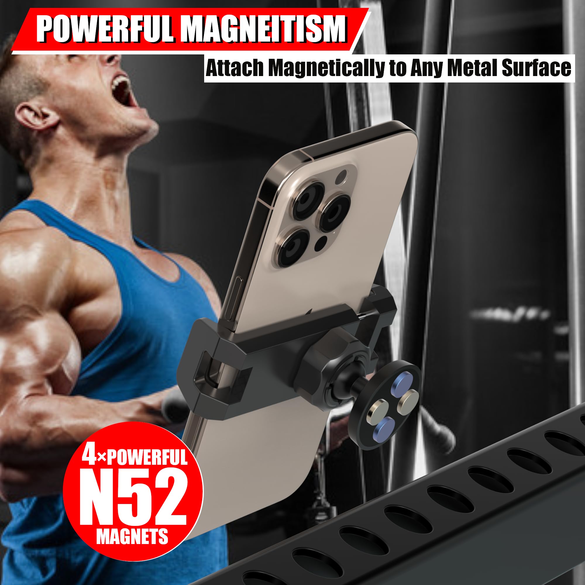 Vassmtcph Magnetic Phone Holder For Gym,Gym Magnetic Phone Holder Mount,Essential Fitness Equipment For Gyms,360 Degree Adjustab