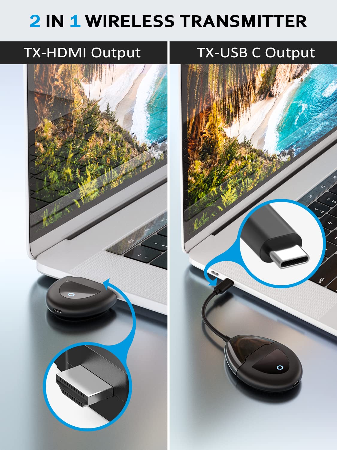 Wireless Hdmi Transmitter And Receiver 4K, Usb C & Hdmi Dual Transmit Ports, Hdmi & Vga Dual Screens, 2.4/5G Streaming Smooth Vi