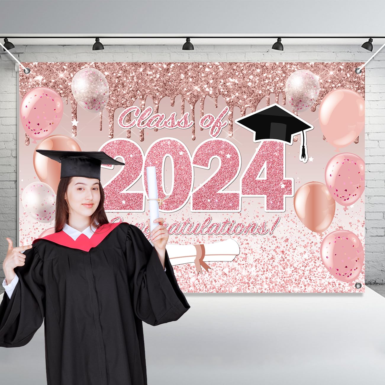 Pink Graduation Decorations Class Of 2024, Pink Rose Gold Graduation Backdrop, Class Of 2024 Banner Supplies For Pink Graduation
