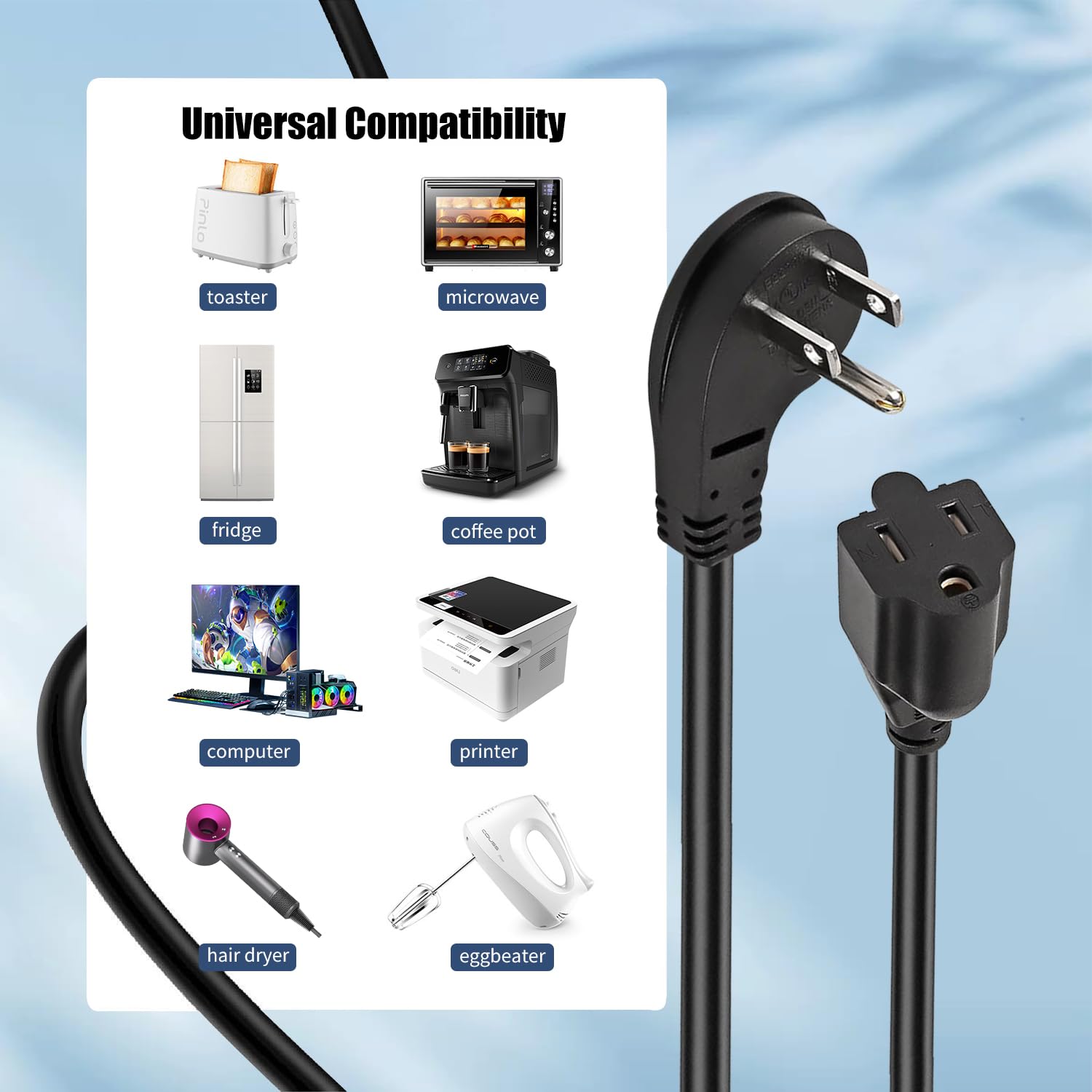 1875W Short Extension Cord,15A 16Awg Low Profile Flat Plug Heavy Duty Extension Cord Outlet Saver 3 Prong Grounded Power Cable (