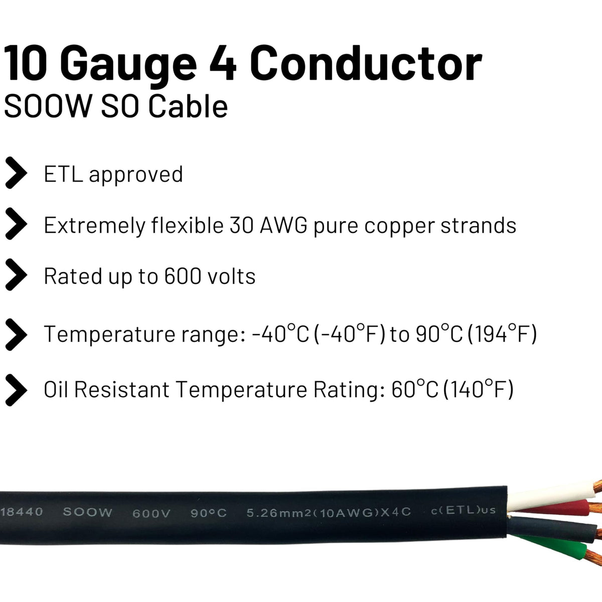 10/4 40 Feet 10 Awg Soow So Cable Cord Wire 10 Gauge 4 Conductor 600V ...