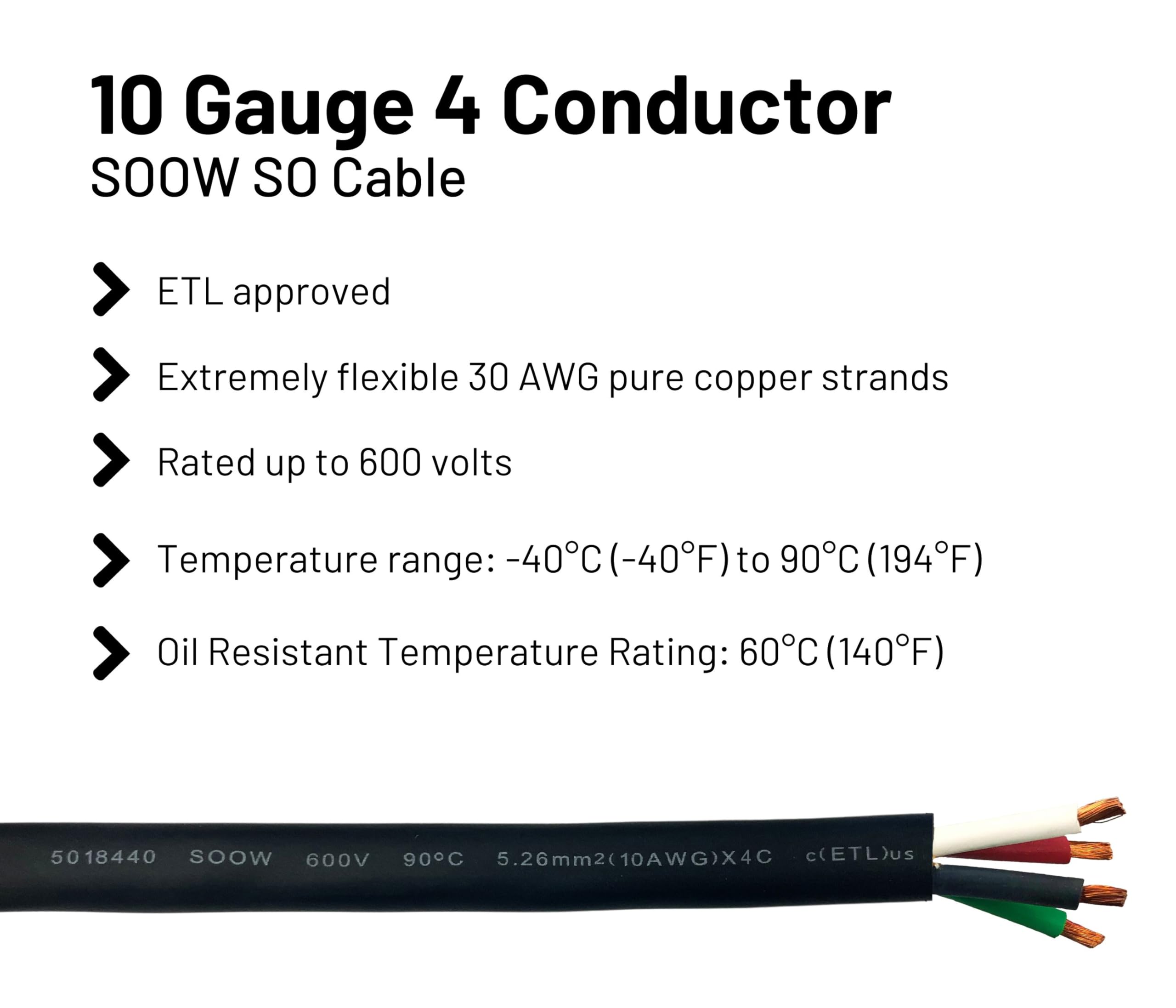 10/4 40 Feet 10 Awg Soow So Cable Cord Wire   10 Gauge 4 Conductor 600V Portable Power Extension Cord Cable For, Motor Leads, Po