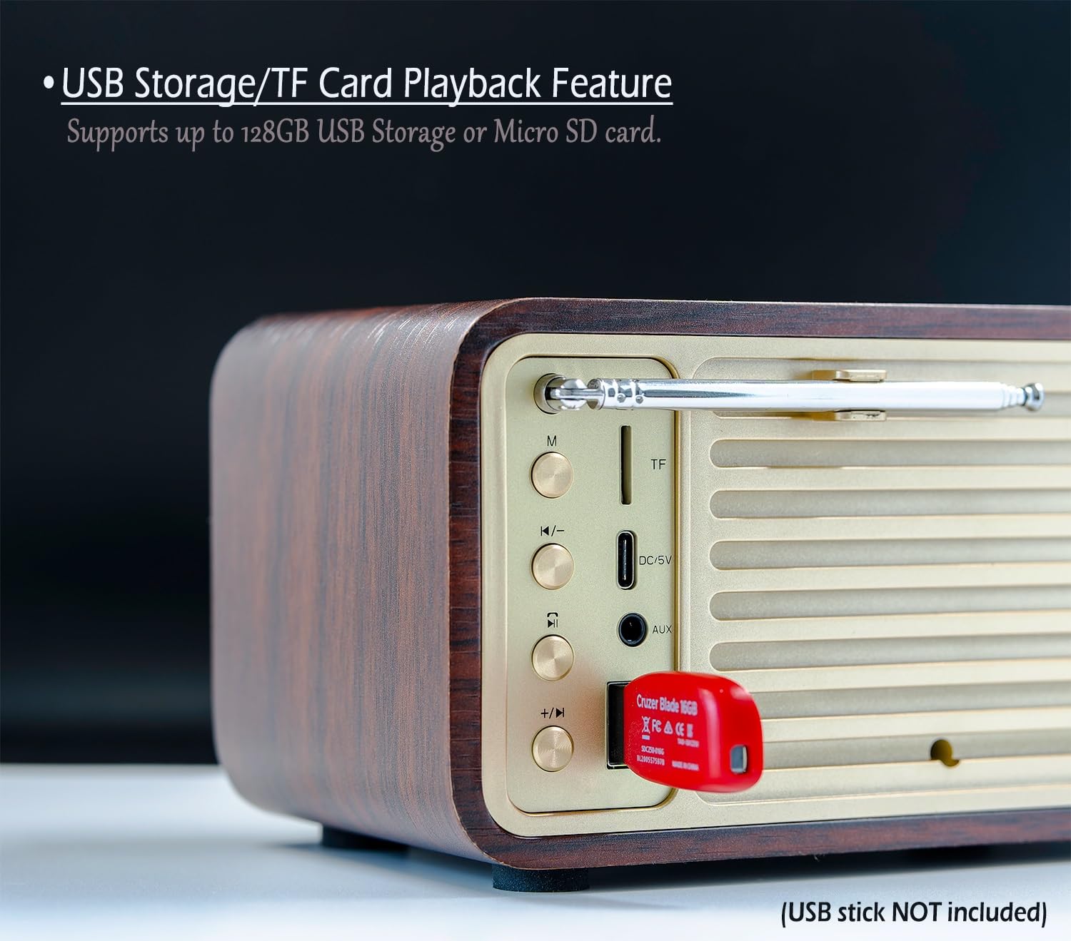 BentMax FM Radio Bluetooth Speaker - Vintage Walnut Wood, SD/USB Player, Wireless Streaming, Up to 10 Hours Playback, Model 825665516587