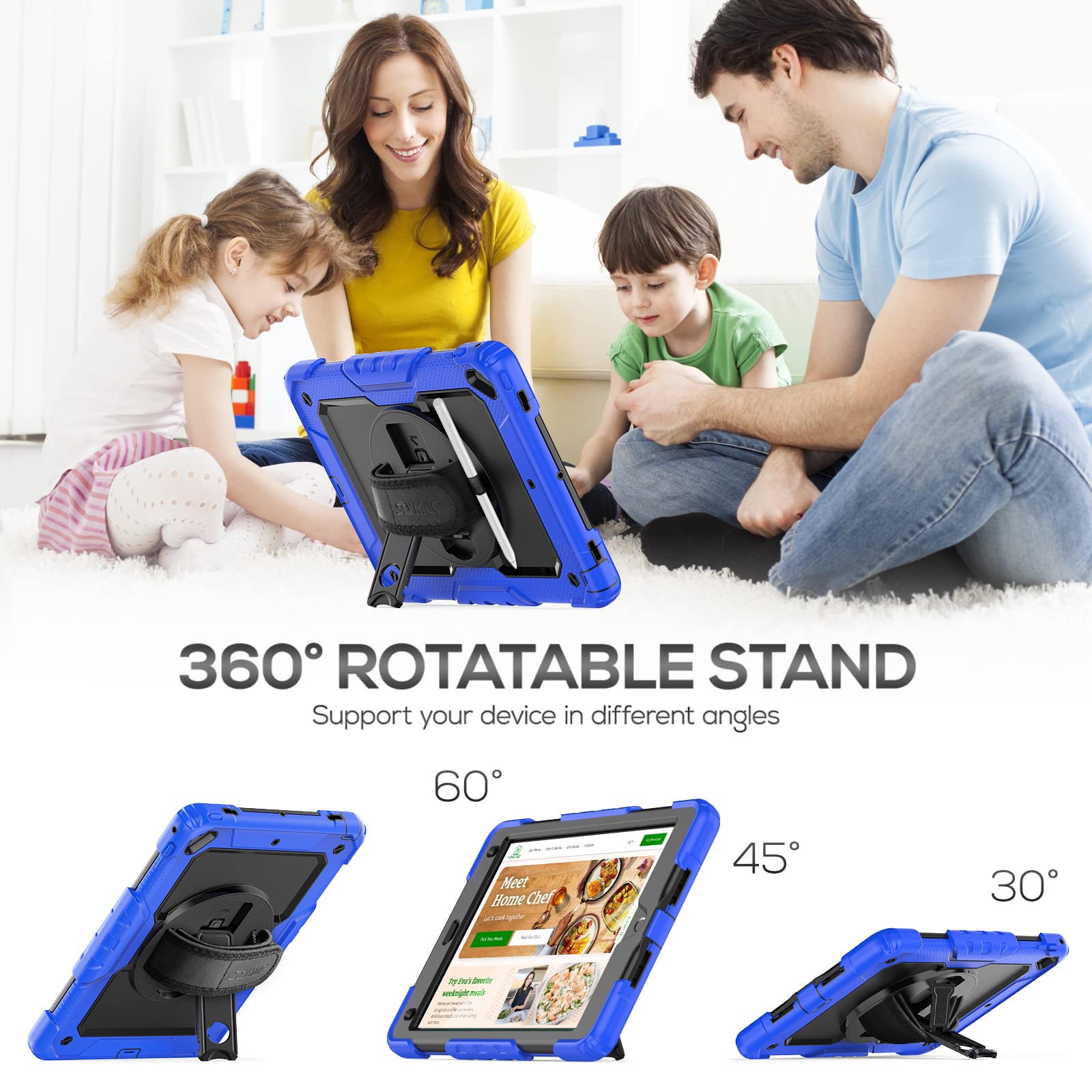 Seymac Case For Ipad 6Th/5Th Generation 9.7 Inch, Full Body Shockproof Heavy Duty Protective Case With Screen Protector, Rotating Stand/Hand/Shoulder Strap For Ipad Air 2/ Pro 9.7, Dark Blue