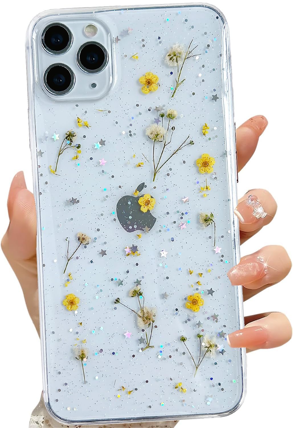 Lseeka For Iphone 11 Pro Clear Case With Pressed Real Flowers Design,Glitter Cute Yellow Floral Pattern Slim Soft Tpu Protective