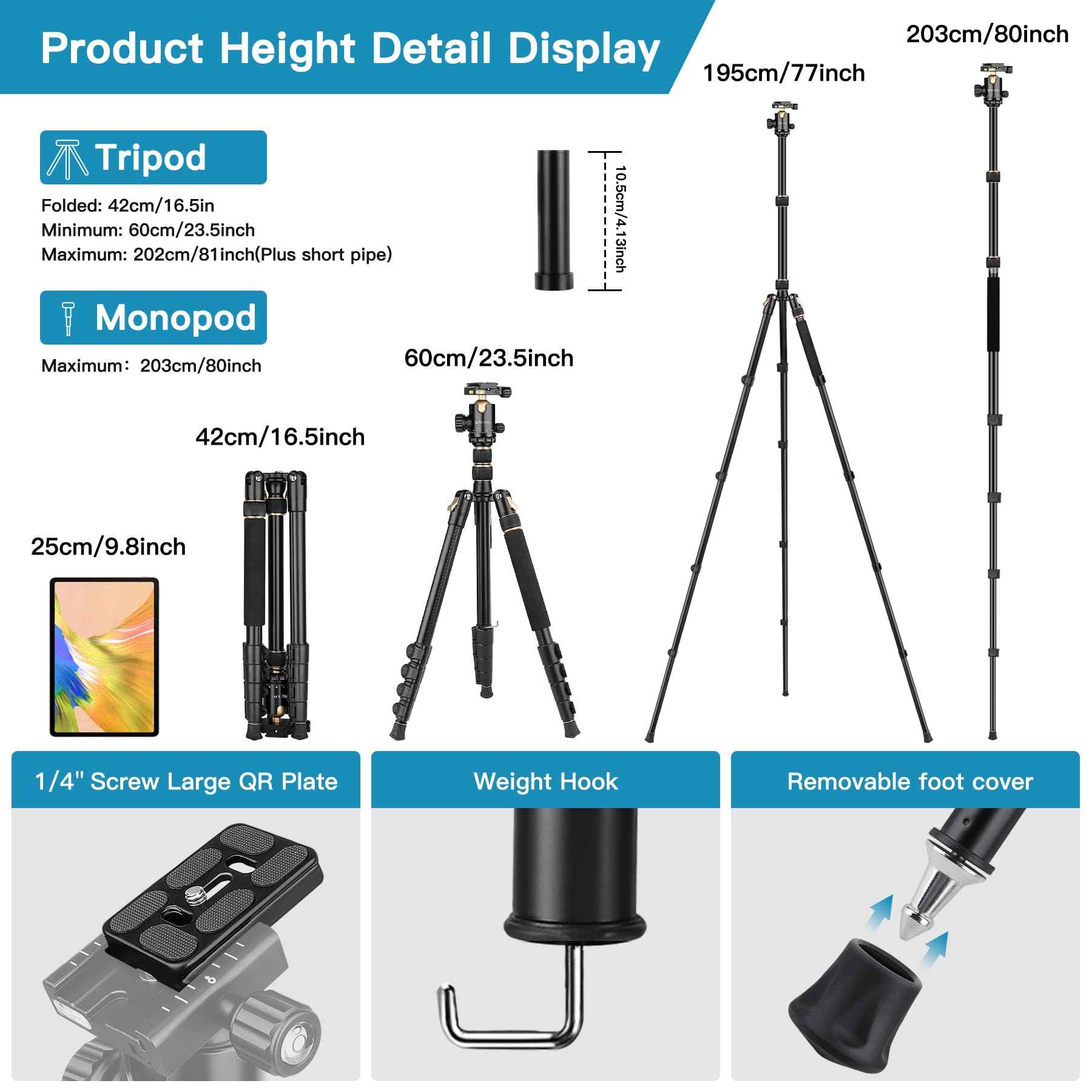 Tripod For Camera, Professional Dslr Tripod For Photography, Tall Camera Tripod Stand, Lightweight Heavy Duty Tripod For Spotting Scopes, Telescope And Binoculars, Compact Complete Tripod Units