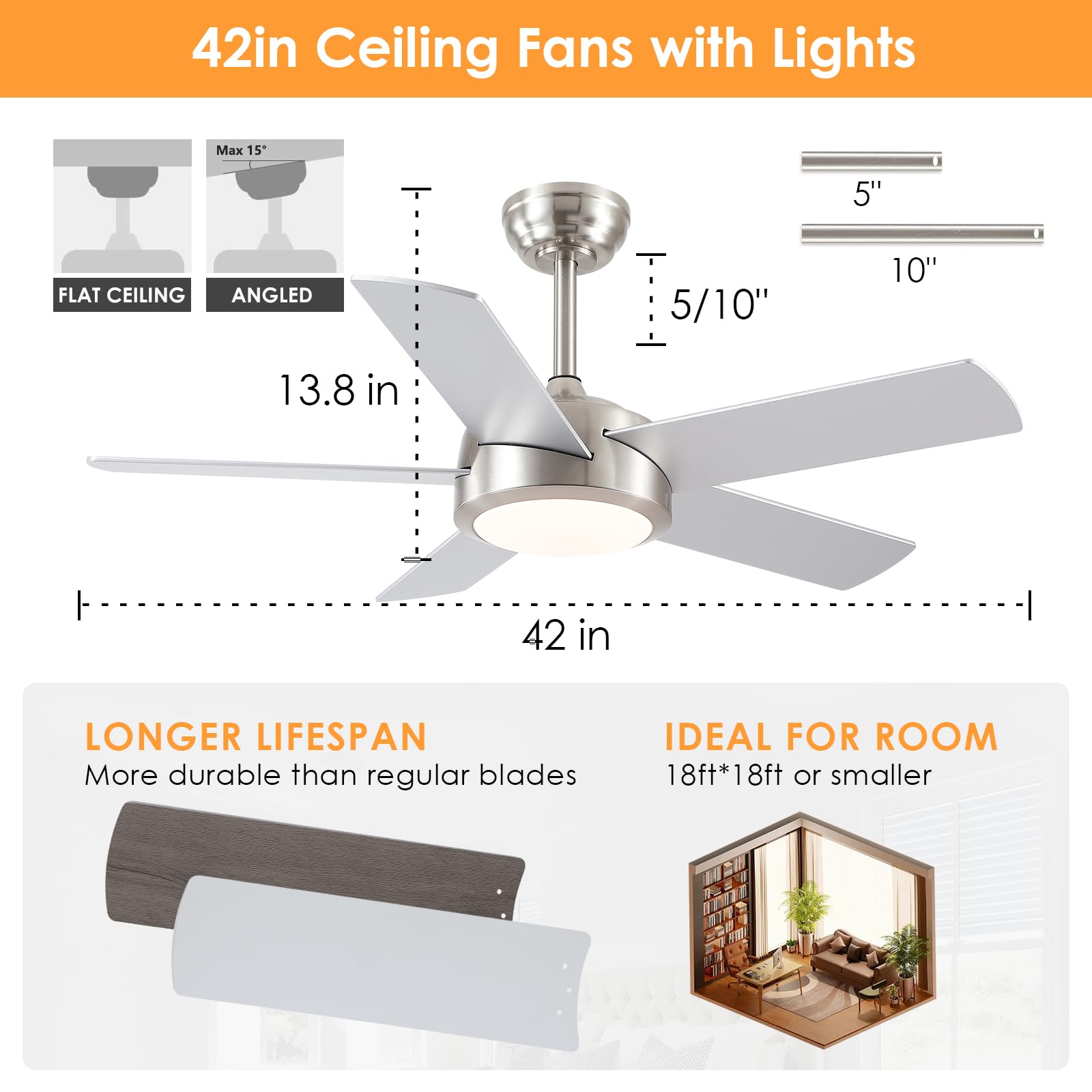 Chesur Ceiling Fan With Lights And Remote/App   42'' Modern Low Profile Ceiling Fan With 5 Reversible Blades, 3Cct Dimmable, Cei