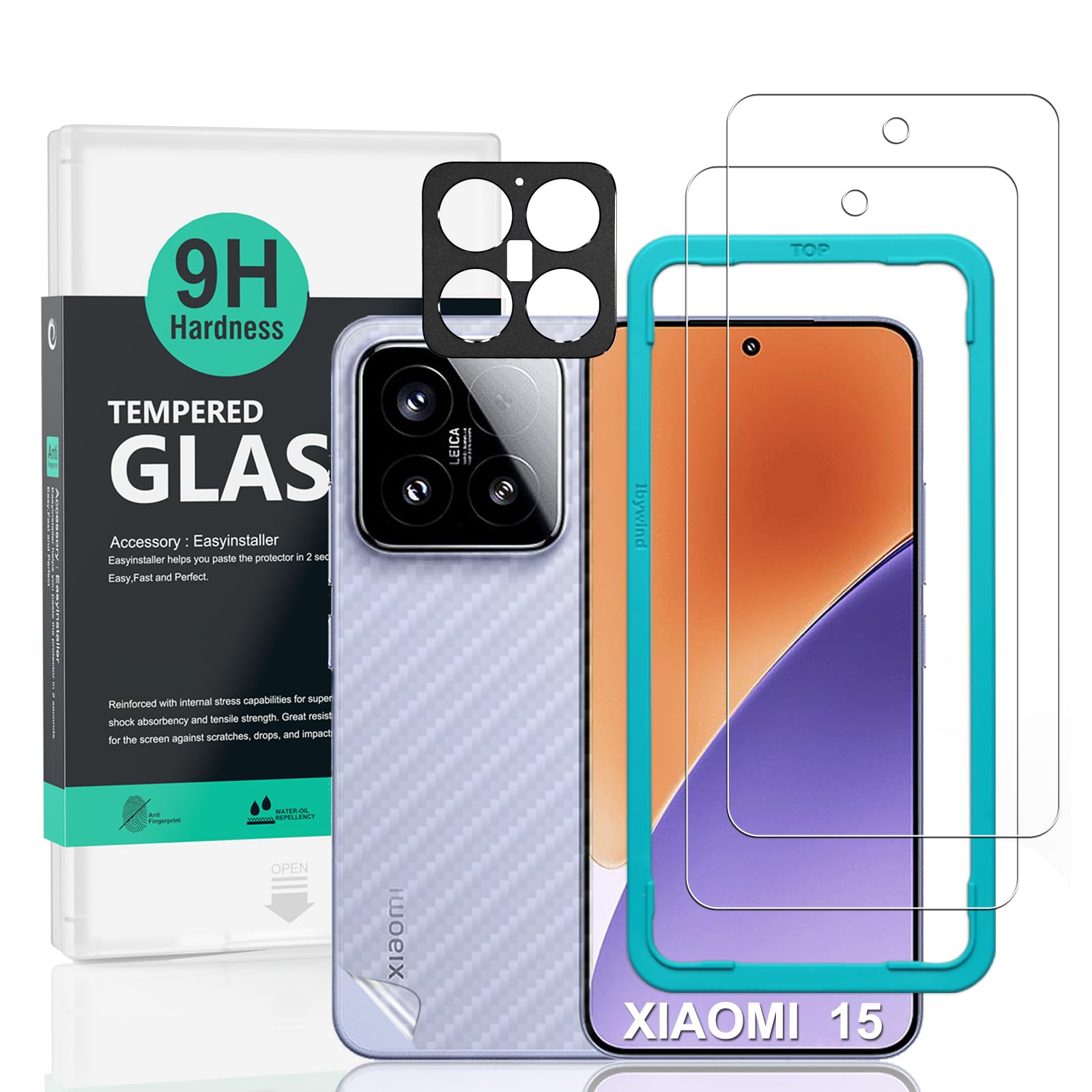 Ibywind 2 Pack Screen Protector For Xiaomi 15 5G 6.36,9H Hardness Tempered Glass,With 1Pc Camera Lens Protector,1Pc Back Carbon 