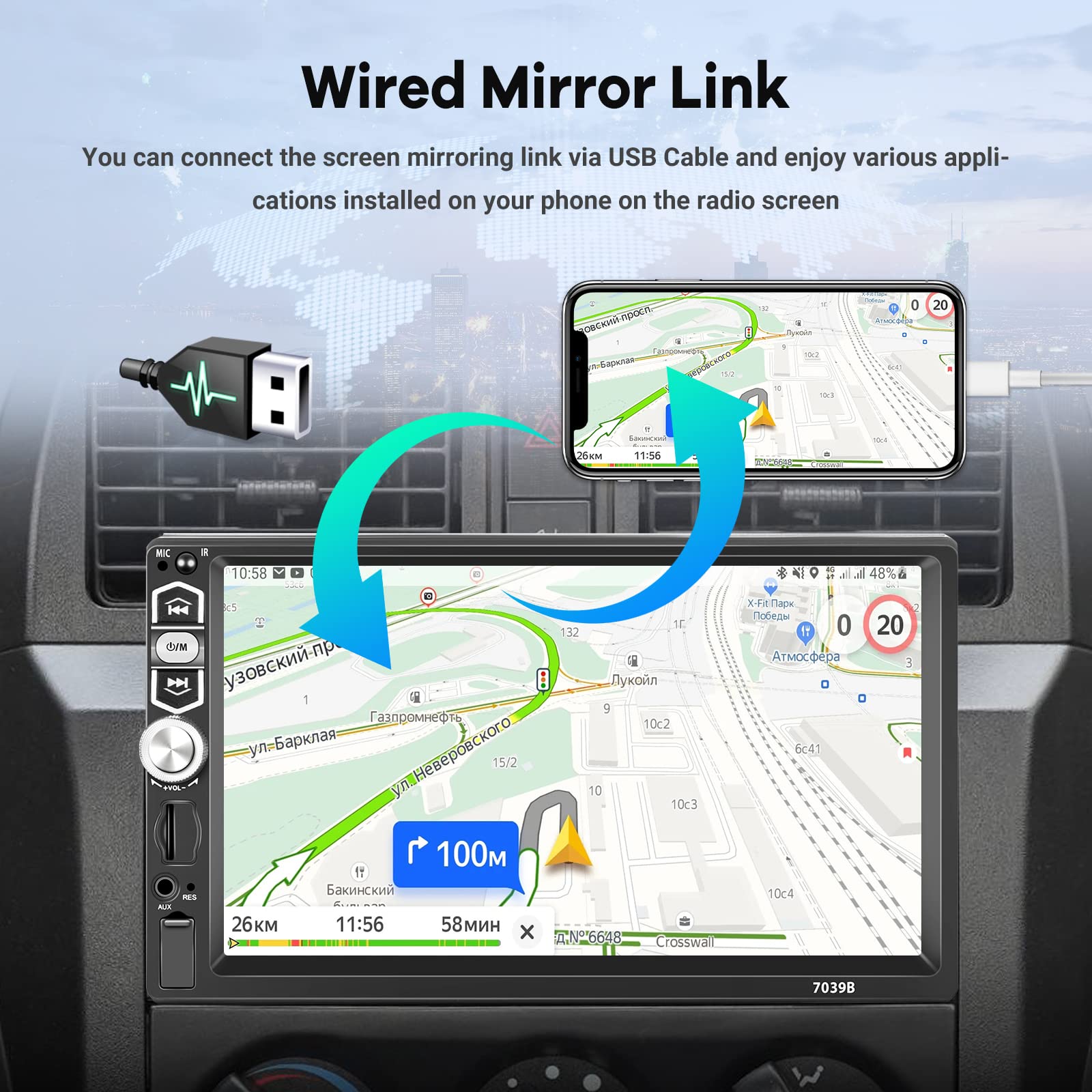 Single Din Car Stereo With Wired Carplay & Android Auto, 7 Inch Touch Screen 1 Din Radio, Mirror Link/1080P/Bluetooth/Swc/Fm Rad
