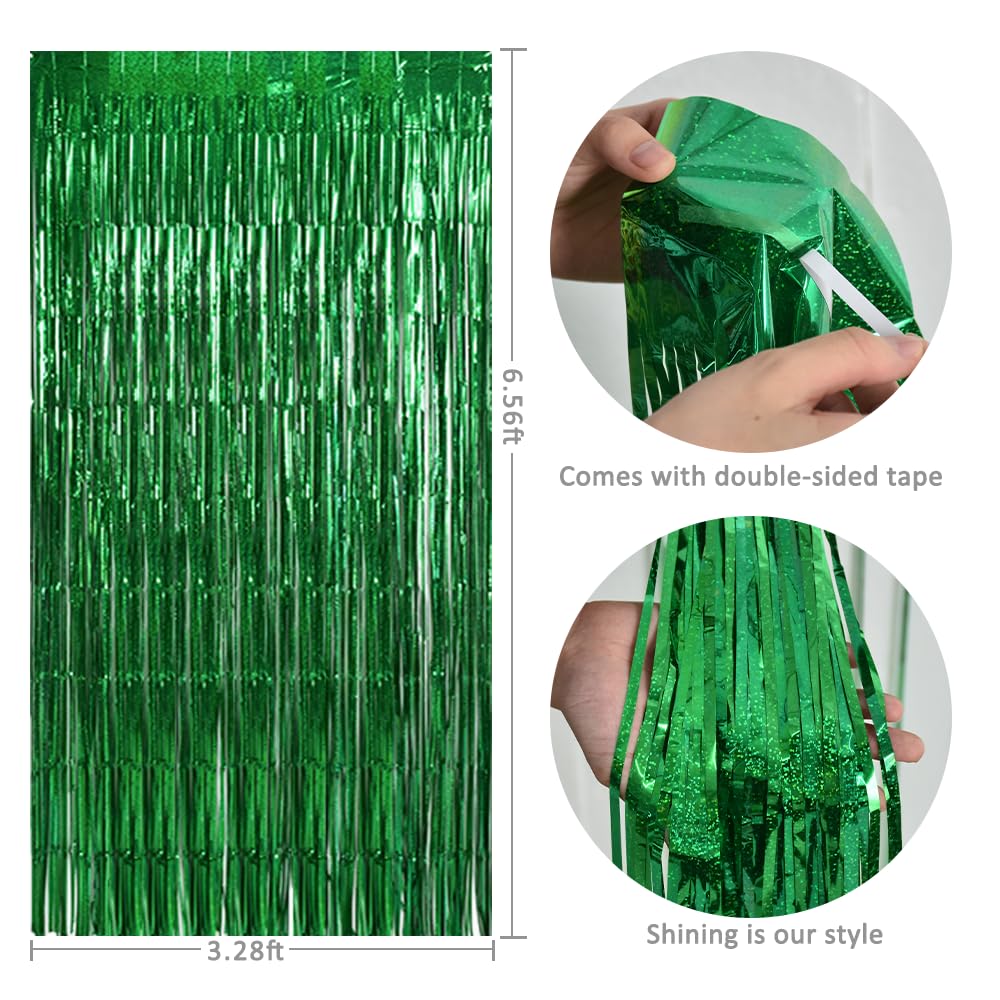 Toniful 3Pcs Laser Green Door Streamers,Laser Green Photo Booth Backdrop Metallic Streamers Laser Green Foil Fringe Curtains For