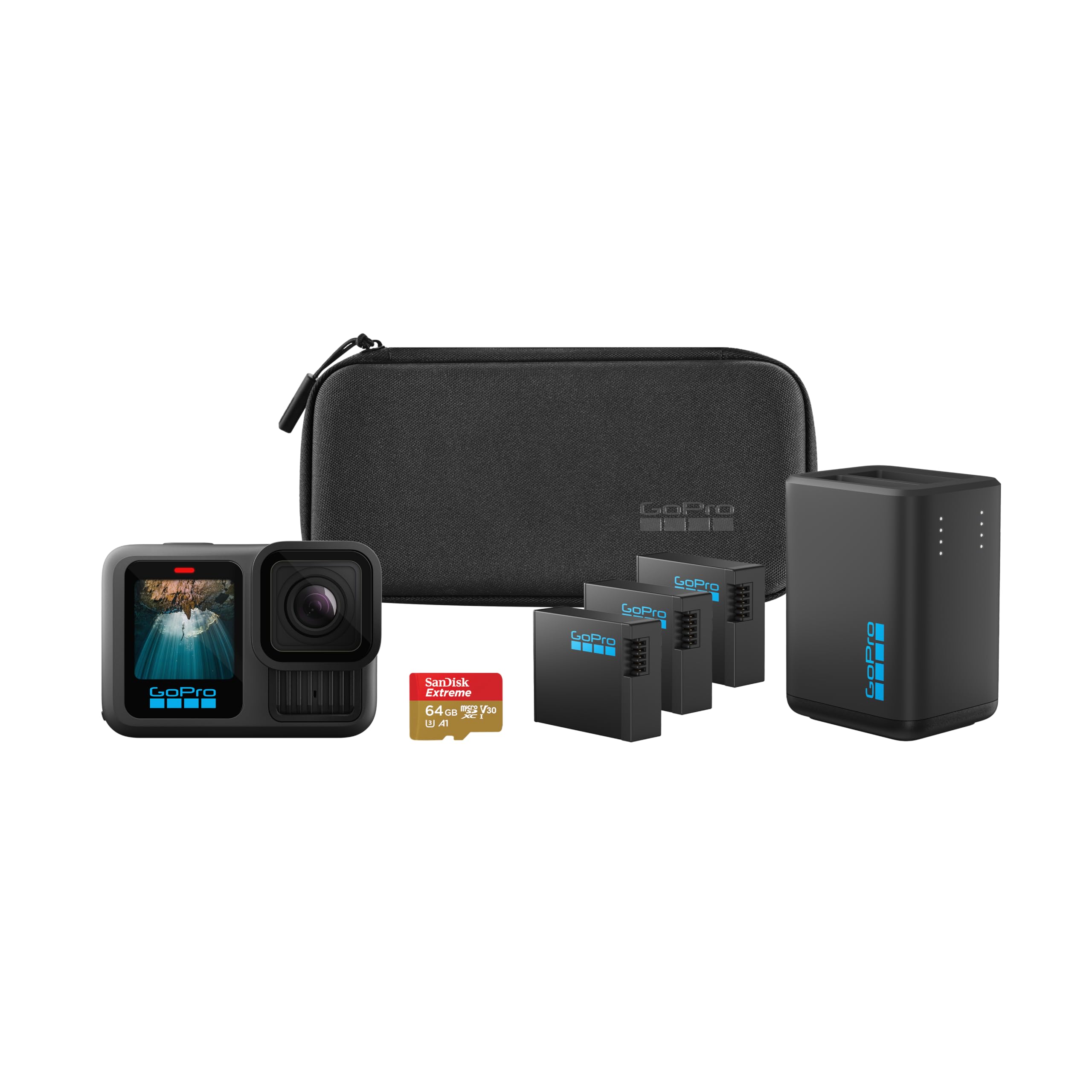 GoPro HERO13 Black Extended Power Bundle - Includes Dual Battery Charger, 3 Enduro Batteries, 64GB SanDisk microSD Card, Camera 