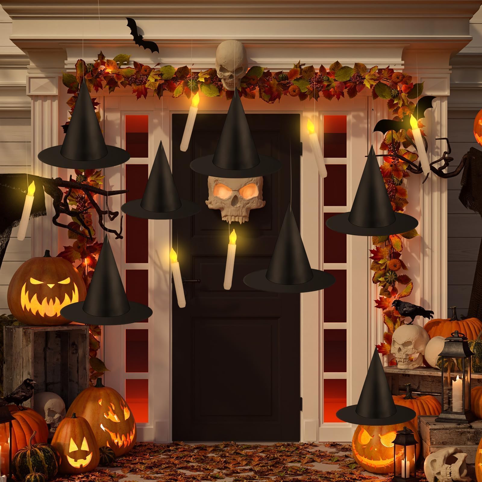 80 Pcs Halloween Hanging Witch Hats And Taper Floating Candles Set Includes 12 Witch Hats 12 Led Floating Candles Lights 56 3D B