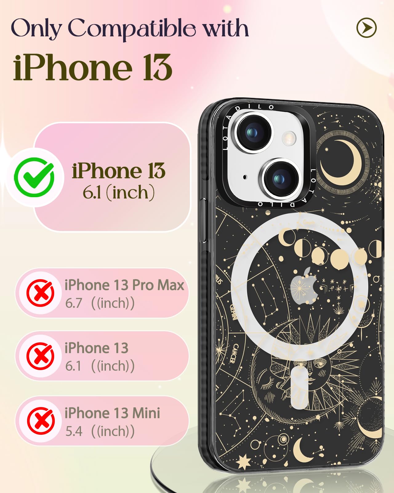 Lotadilo For Iphone 13 Case For Women Girls - Cute Design Compatible With Magsafe Magnetic Ring Holder Stand Moon Sun Stars Aest