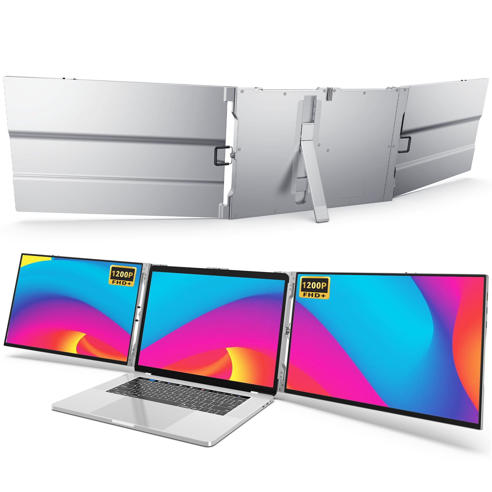 Oiiwak 14Inch Triple Portable Monitor For 13 16'' Laptop, Aluminum Alloy 1200P Tri Screen Monitor Extender With Hdmi & Usb C Por