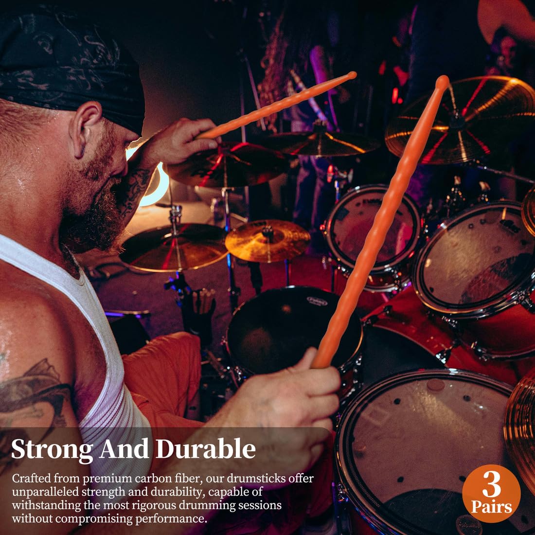 5A Carbon Fiber Drum Sticks Durable Drumsticks (3 Pair Orange)