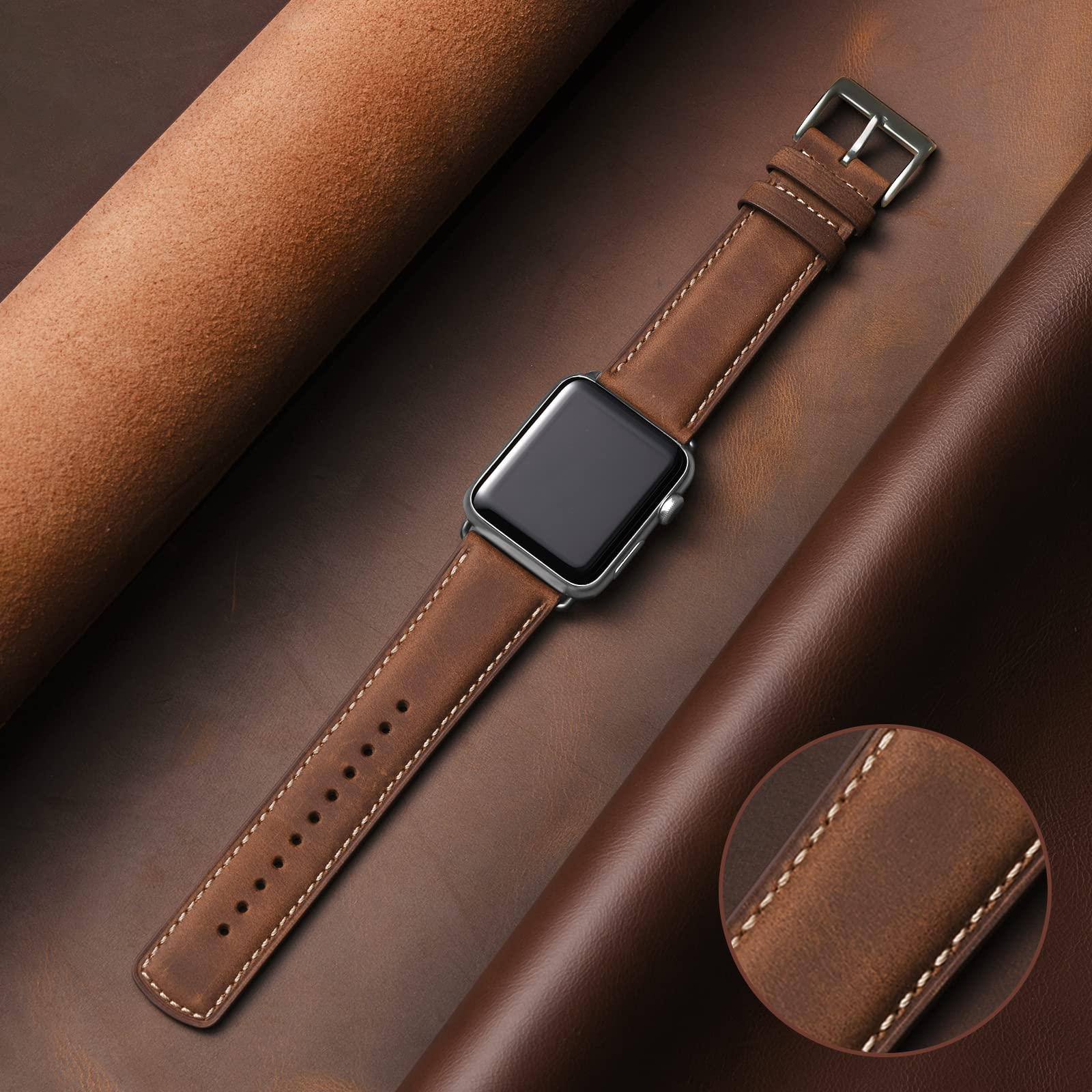 Sunfwr Leather Bands Compatible With Apple Watch Band 49Mm 45Mm 44Mm 42Mm For Men Women, Top Grain Genuine Leather Replacement S