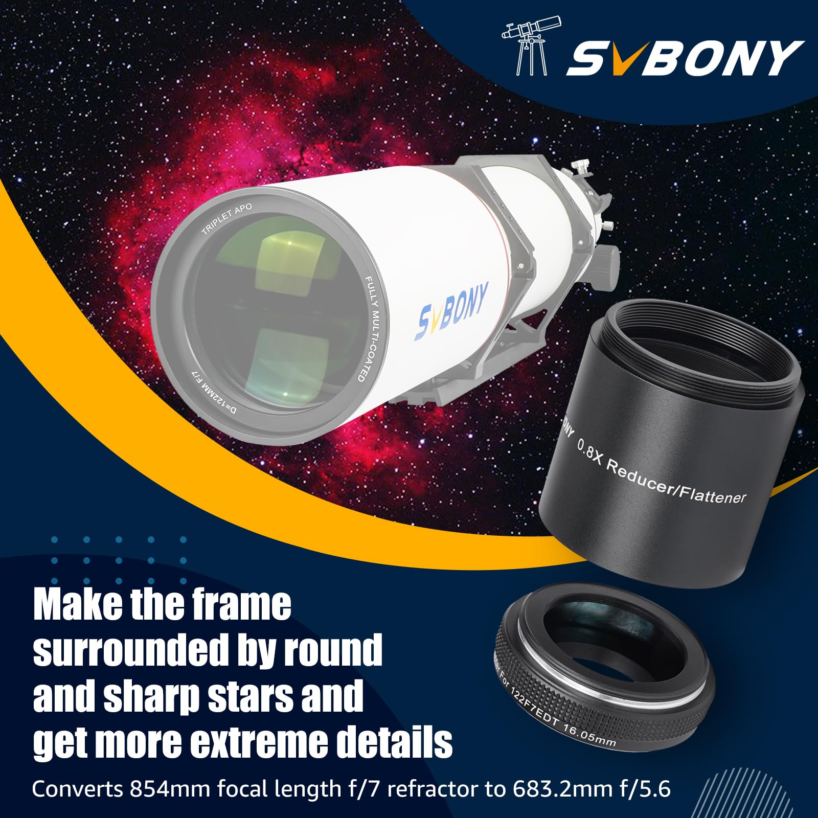 Svbony Sv209 Field Flattener, 0.8X Focal Reducer, Corrects The Field Curvature And A Wider Field Of View, Telescope Accessories