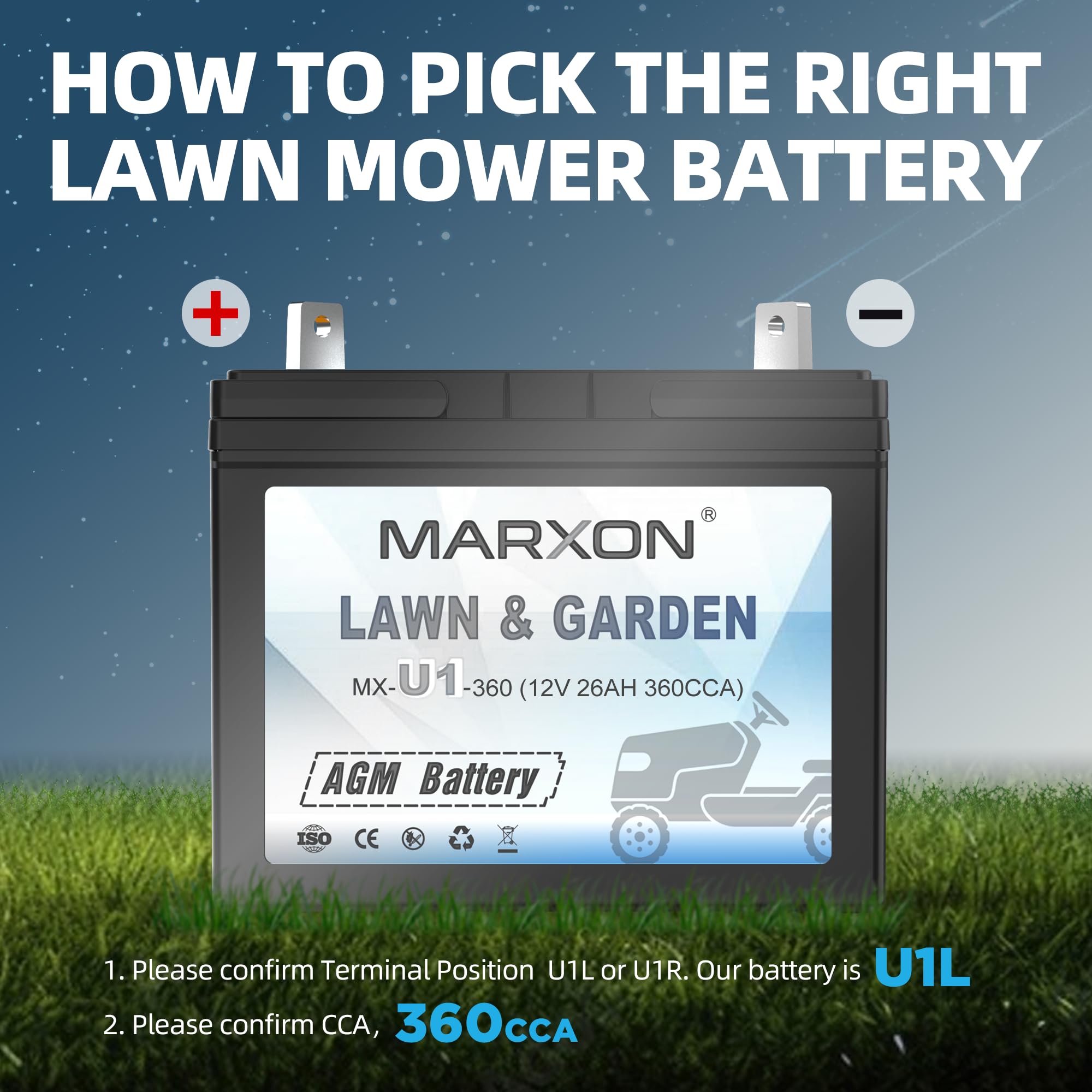Marxon U1 360Cca Riding Lawn Mower Batteries, Garden Tractors Battery Maintenance Free Agm Battery, Compatible With Troy-Bilt, T