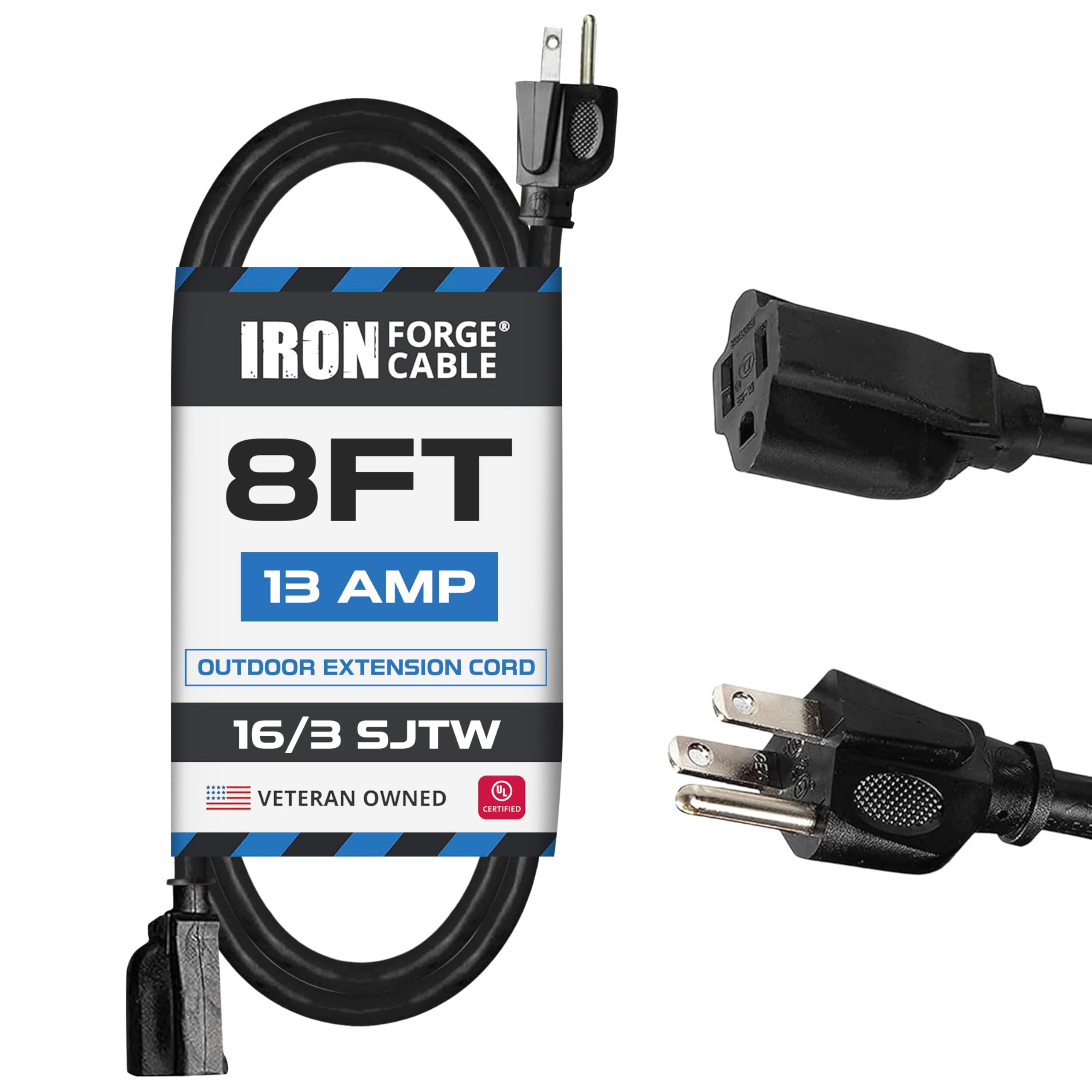 Iron Forge Cable Outdoor Extension Cord Waterproof 8 ft - 16/3 SJTW, 13 Amp Heavy Duty 3 Prong Extension Cord for Home or Garden
