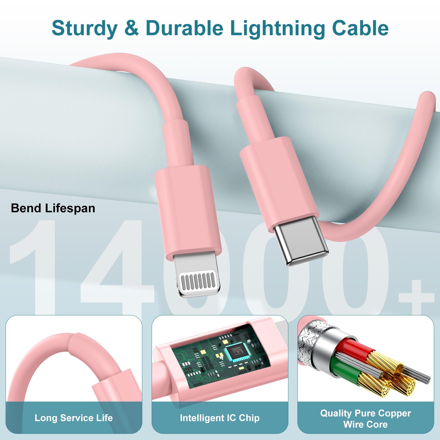 Hcoob MFi Certified 20W USB C Fast Charger 6FT Type C to Lightning Cable for iPhone 14 13 12 Pro Max Pink