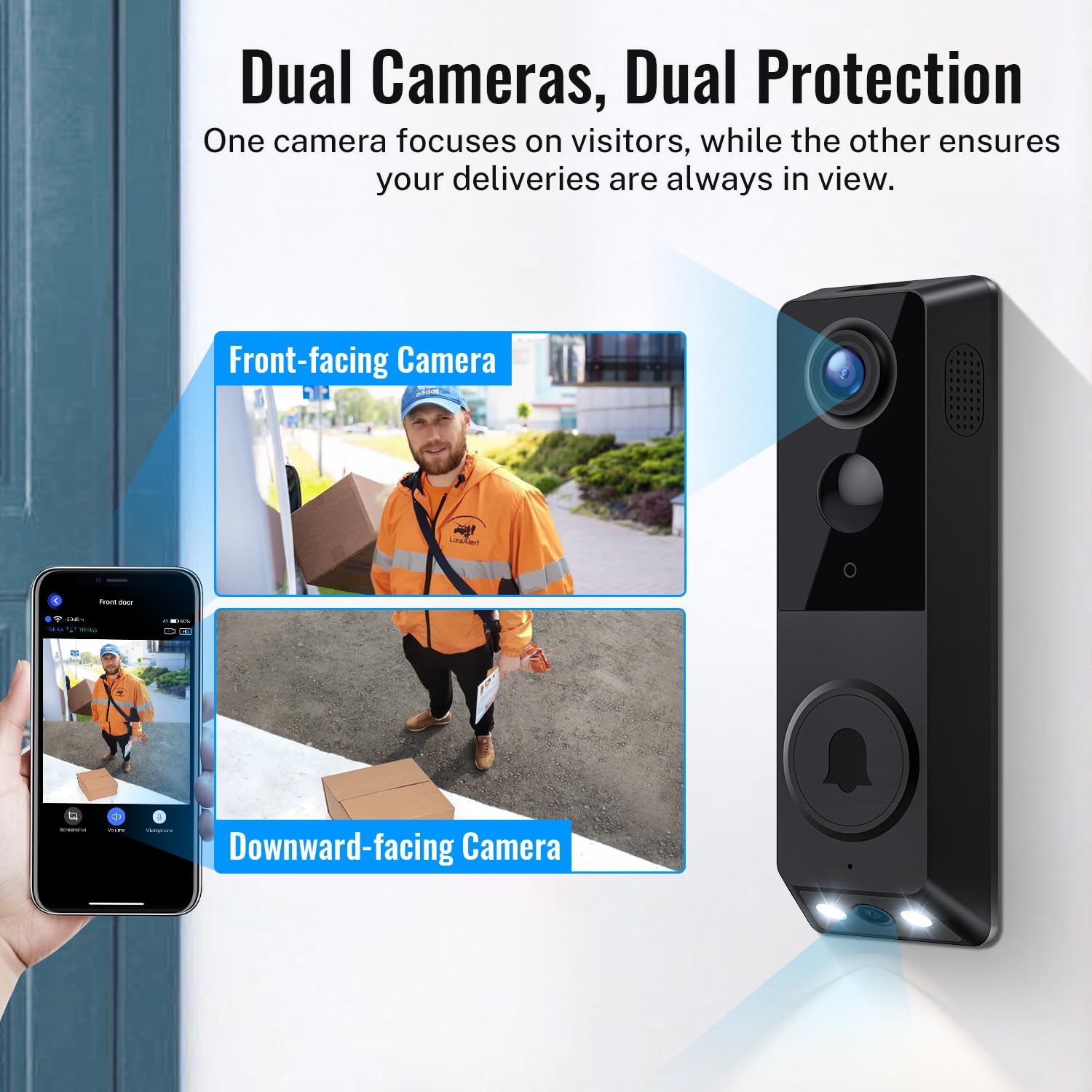 Boomchill Security Video Doorbell Camera (Battery Powered), 2 Cameras (People And Package), Color Night Vision, Ai Human Detecti