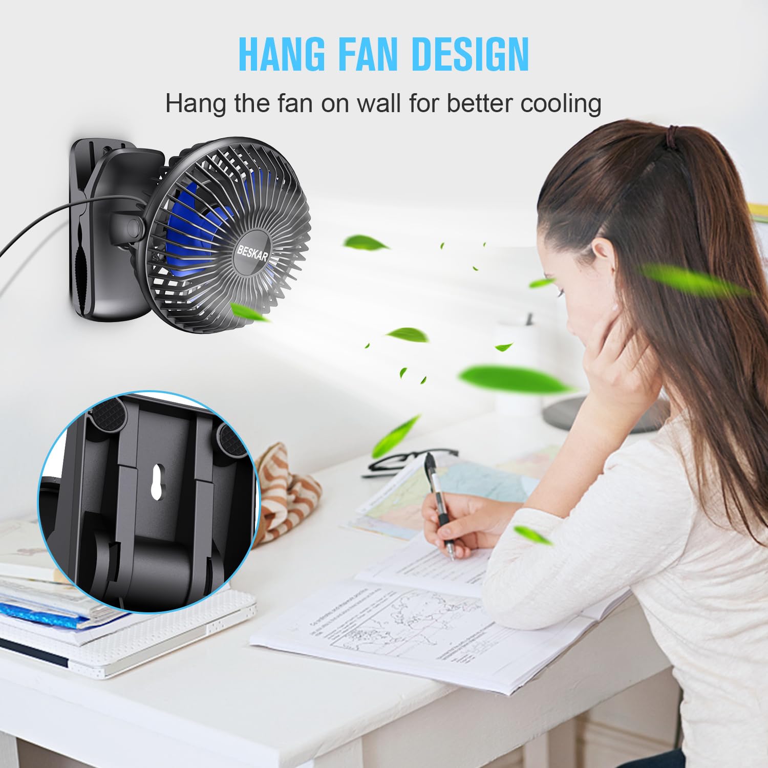 Beskar Usb Clip On Fan, Portable Small Fan With Cord Powered, 3 Speeds Strong Airflow, With Sturdy Clamp, Quiet Personal Desk Fa