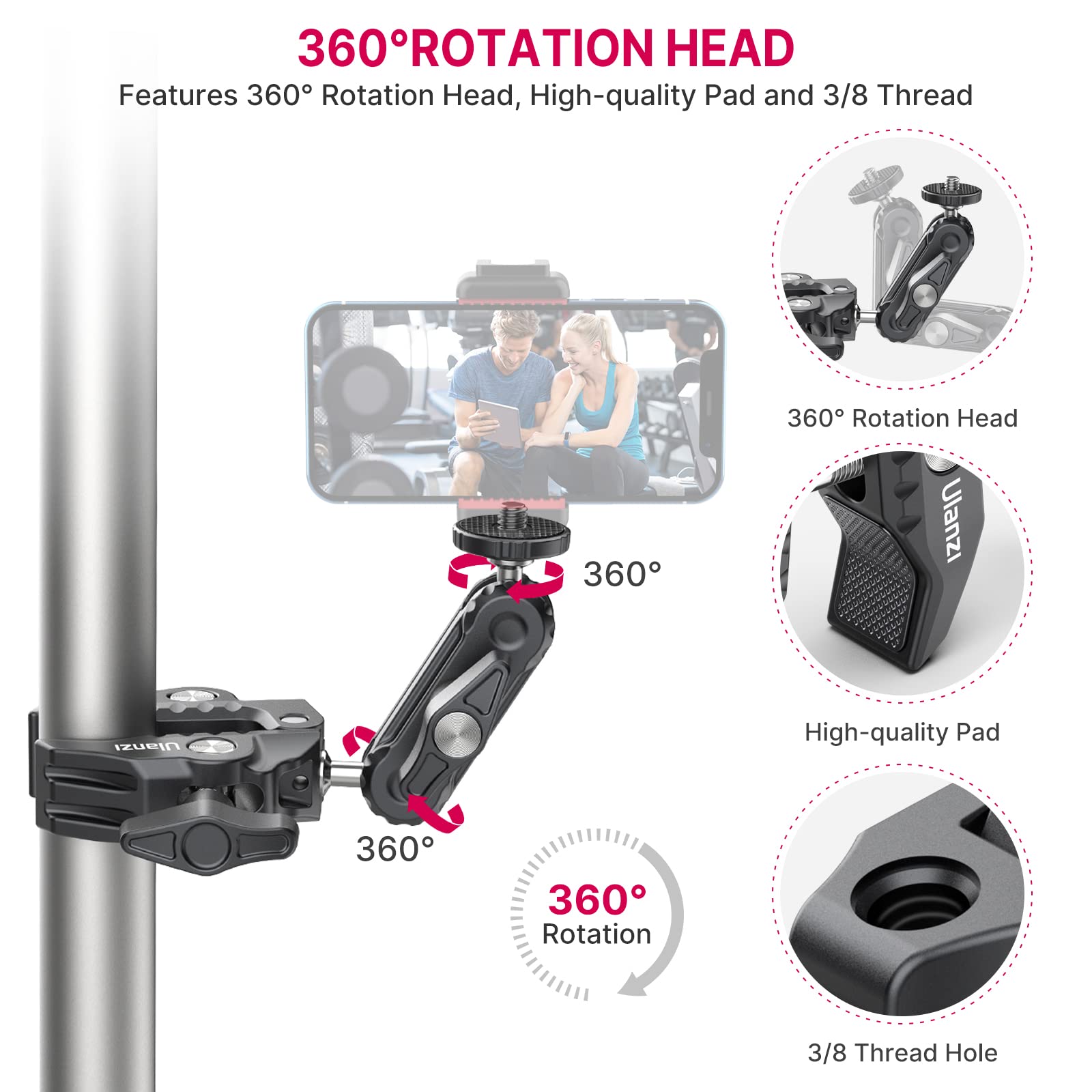 Ulanzi Super Clamp Camera Clamp Mount Monitor 360 Ballhead Magic Arm Double Ball Head Adapter With 1/4-20 & 3/8-16 Thread St-07