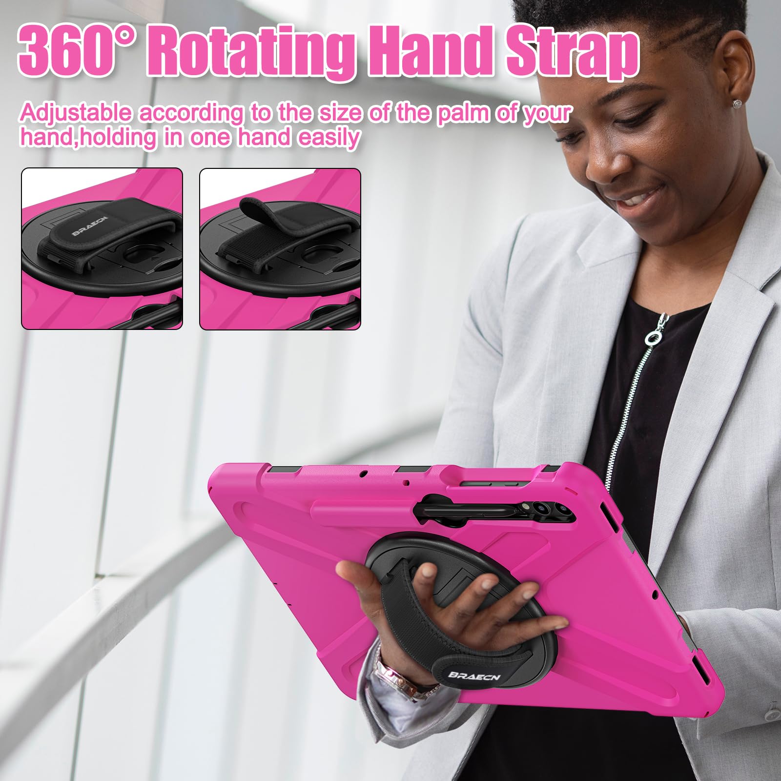 Braecnstock Samsung Galaxy Tab S9 Plus 12.4 Inch Case With Pencil Holder, Shockproof Protective Rugged Cover, Rotating Hand Stra