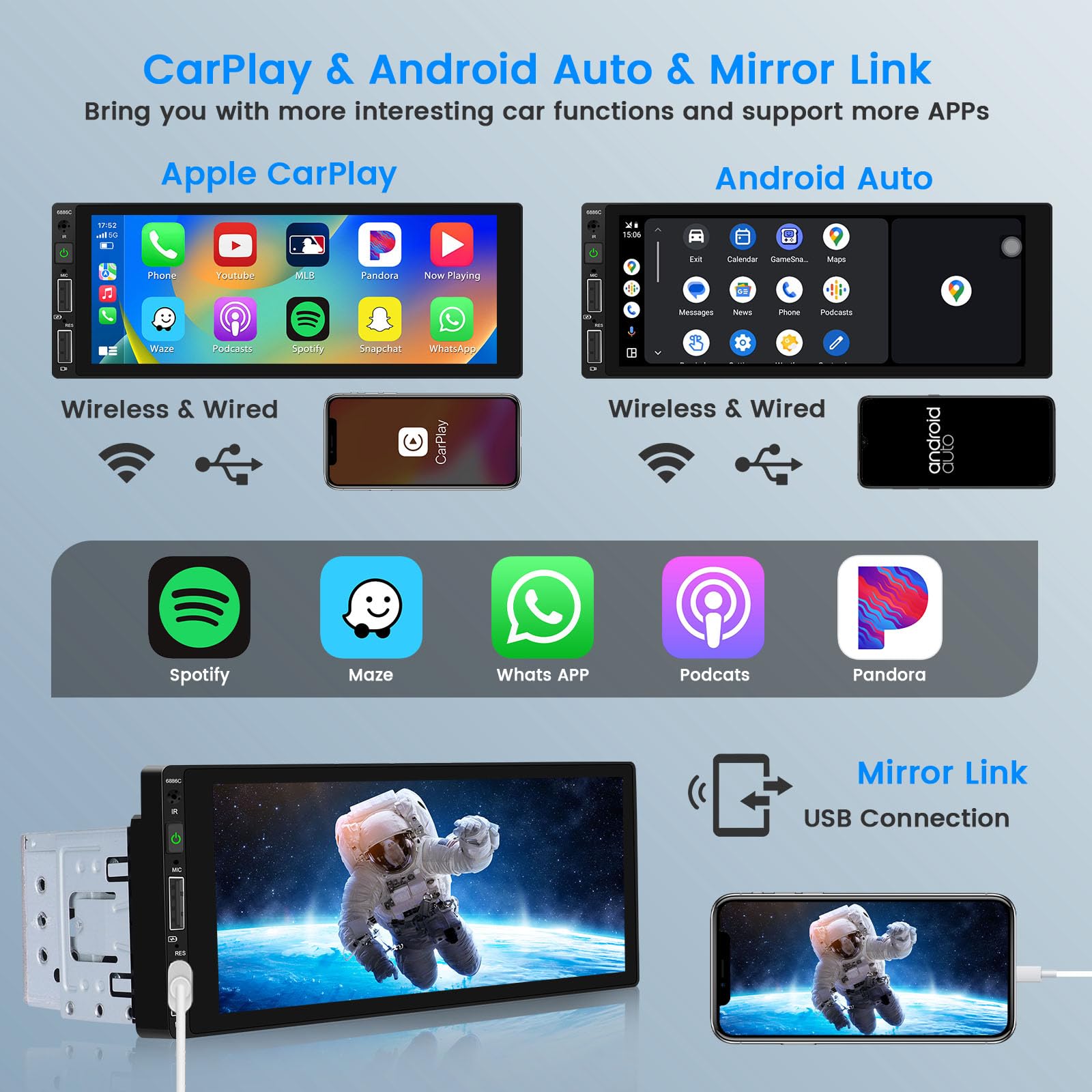 Hikity 6.9 Inch Wireless Apple Carplay Car Stereo Single Din Touch Screen Bluetooth Car Radio With Android Auto Mirror Link Eq,