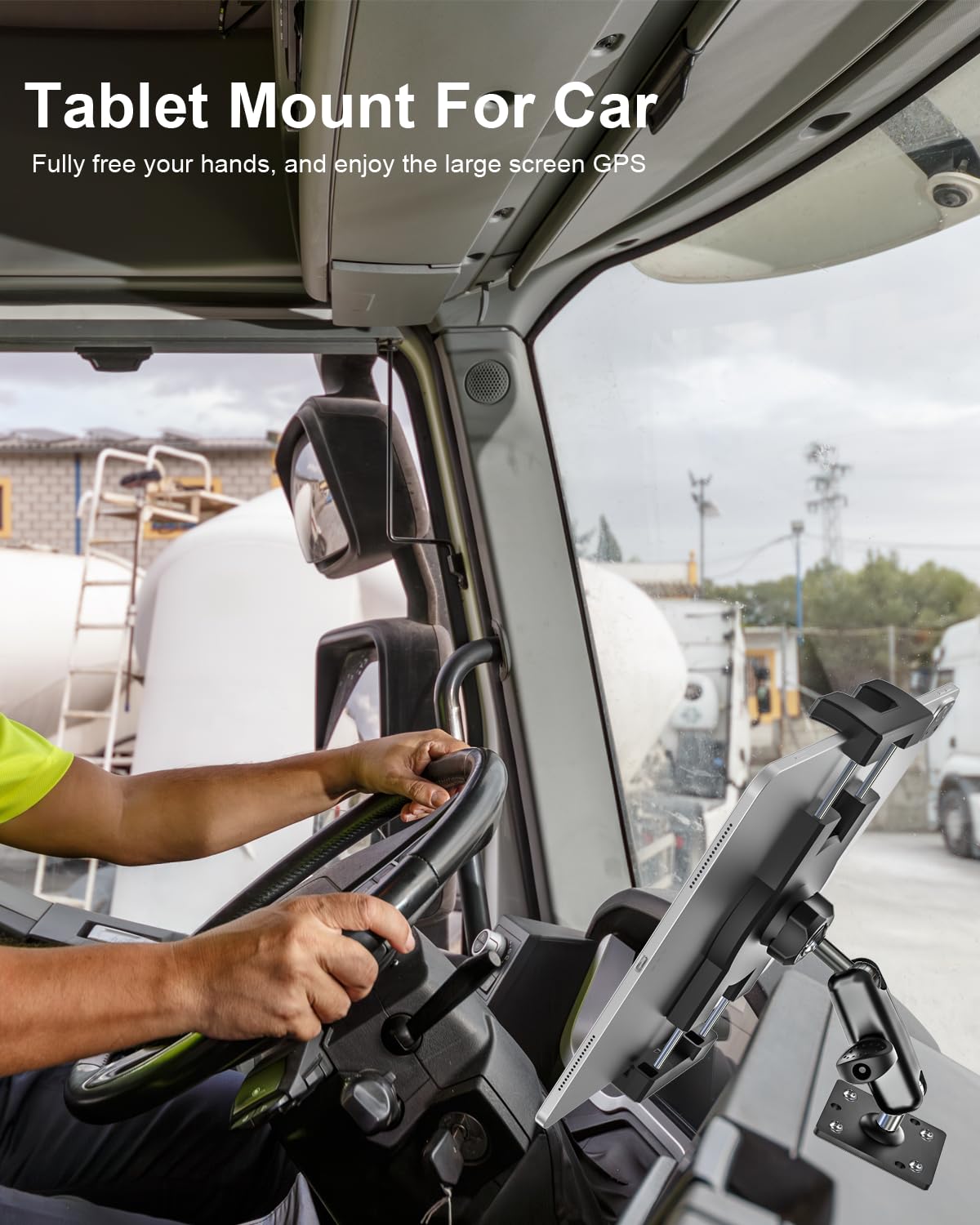 Woleyi Heavy Duty Drill Base Tablet Holder For Car/Truck - [Metal 360 Adjustable Arm] Dashboard Tablet Car Mount For Semi/Busine