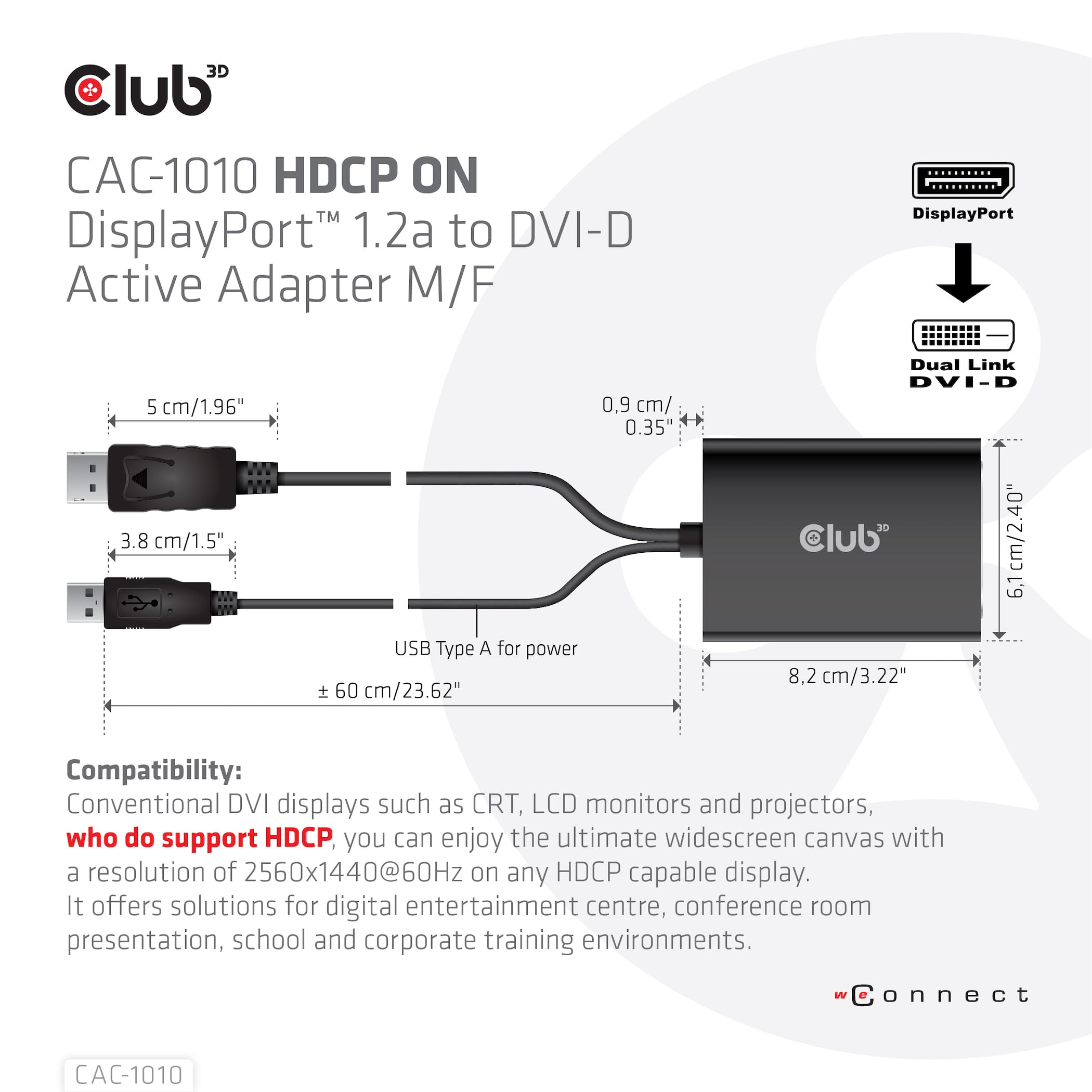 Club 3D Cac 1010 Displayport To Dvi Dual Link Dvi D Active Adapter For Your Monitordisplay   Usb A Powered   2560X1600 Resolutio